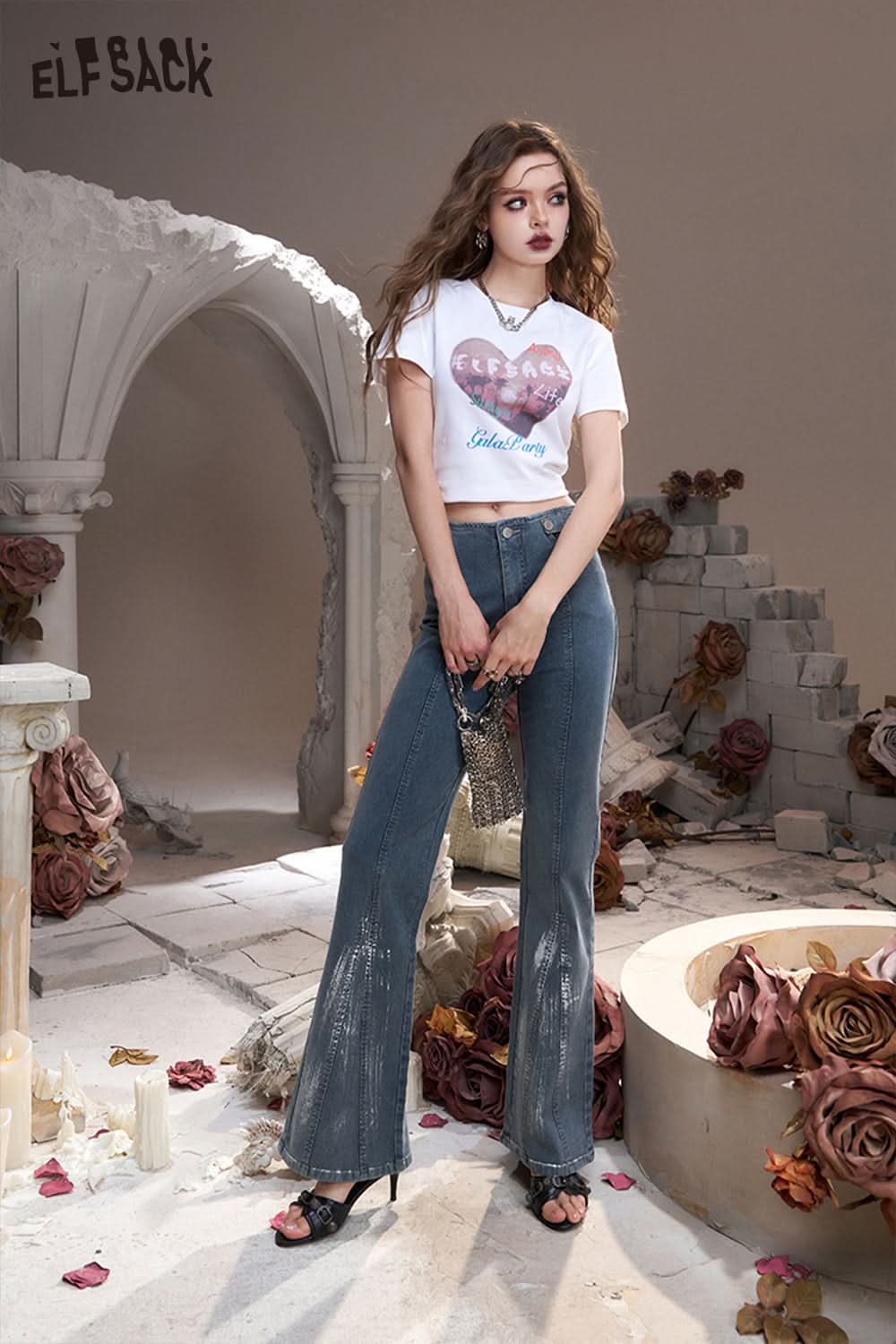 ELFSACK Blue American retro fake pocket slim fit flared high waist jeans
