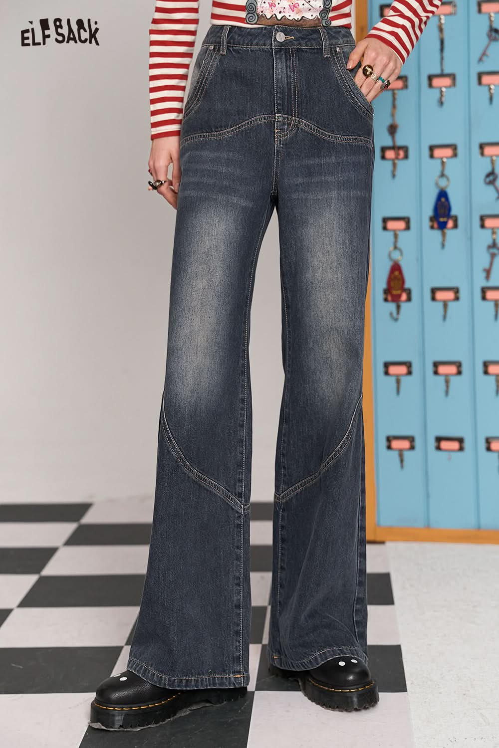 ELFSACK Commuter style washed black high waist slim design retro flared jeans