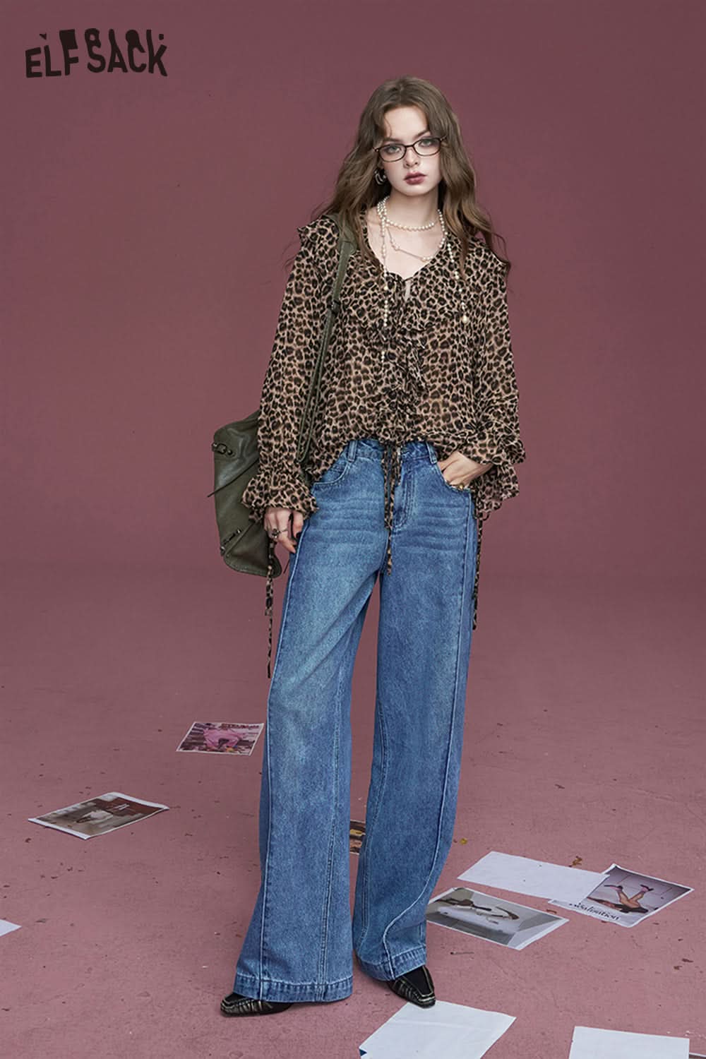 ELFSACK Retro washed mysterious black retro straight deconstructed loose design wide-leg jeans