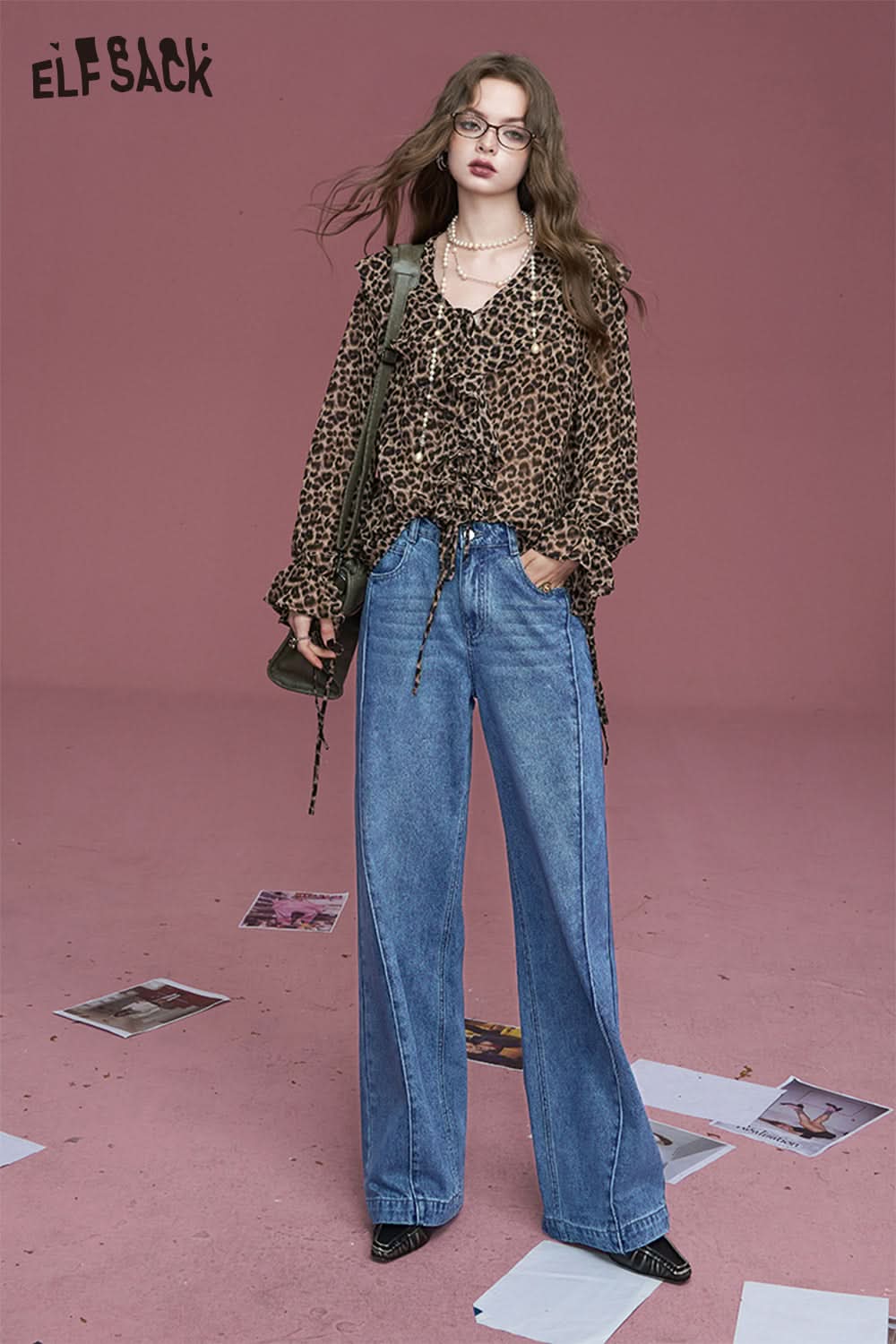 ELFSACK Retro washed mysterious black retro straight deconstructed loose design wide-leg jeans