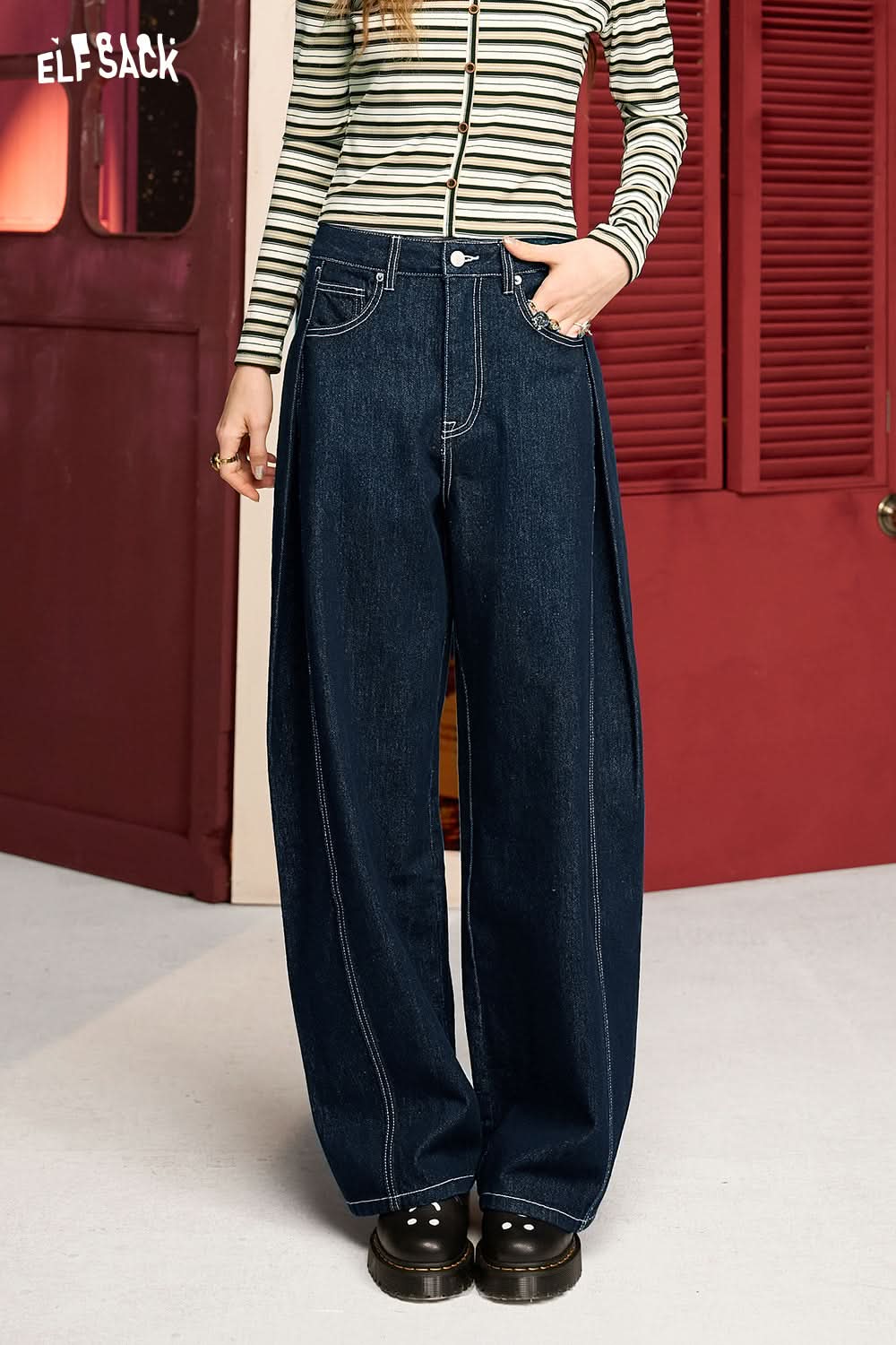 ELFSACK Washed blue deconstructed simple zipper natural waist casual versatile loose wide-leg jeans