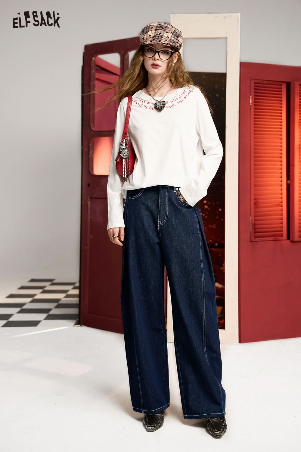 ELFSACK Washed blue deconstructed simple zipper natural waist casual versatile loose wide-leg jeans