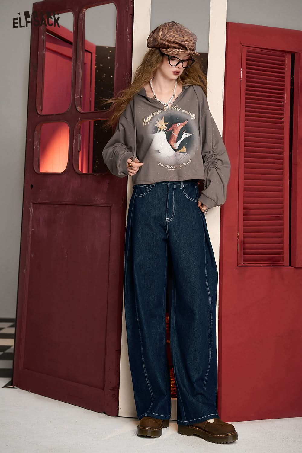 ELFSACK Washed blue deconstructed simple zipper natural waist casual versatile loose wide-leg jeans