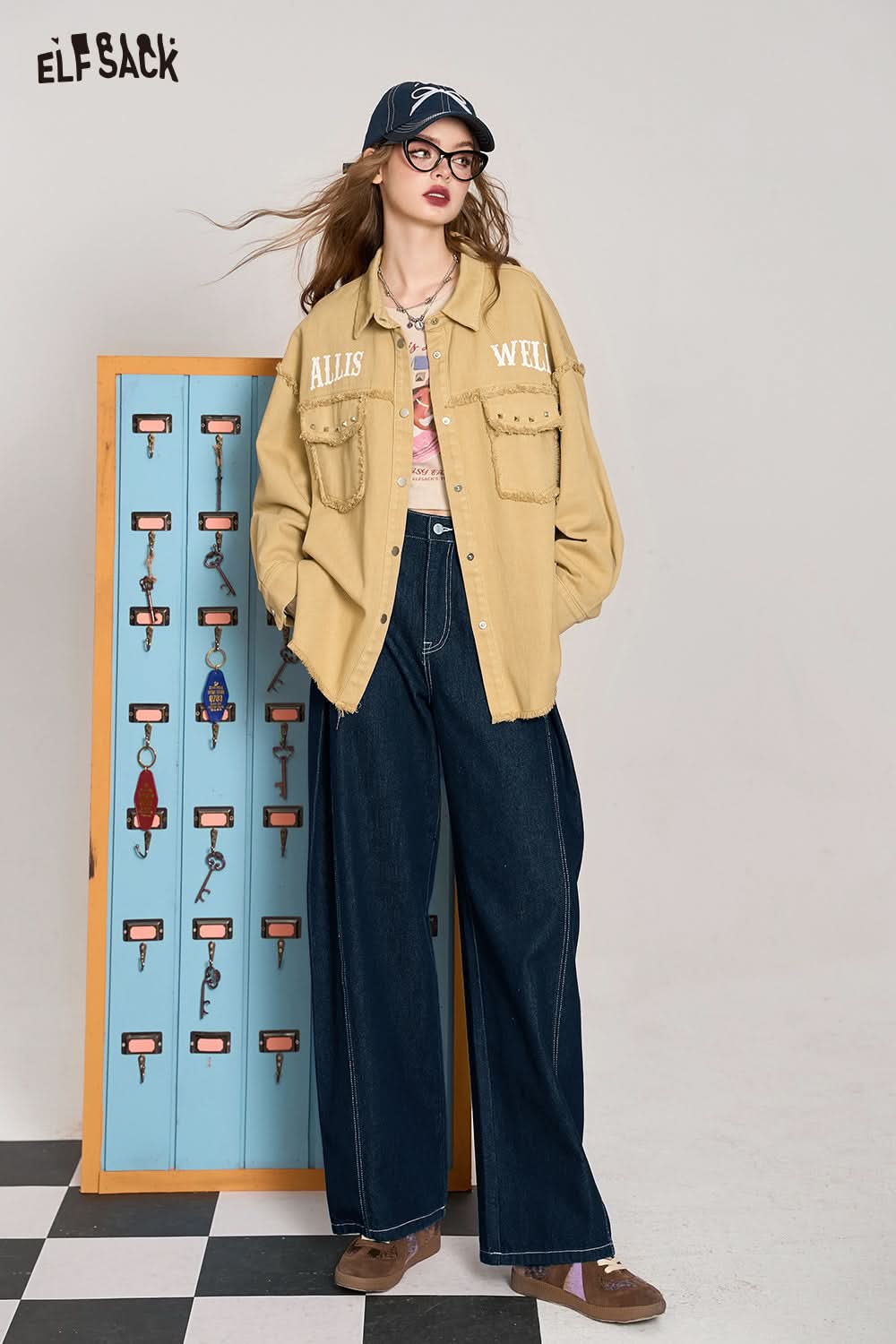 ELFSACK Washed blue deconstructed simple zipper natural waist casual versatile loose wide-leg jeans