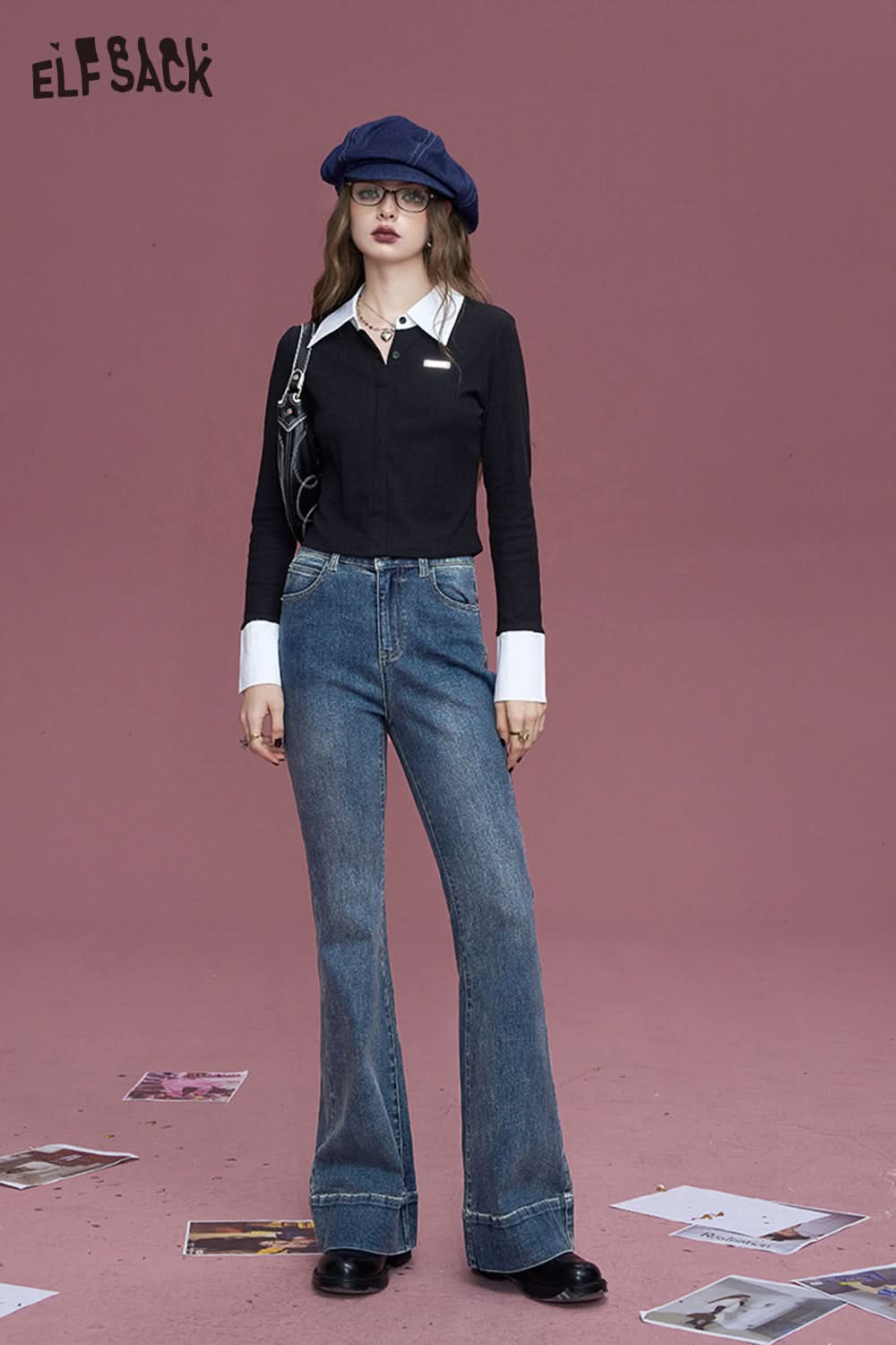 ELFSACK Denim blue patchwork design all-match natural waist flared high waist jeans