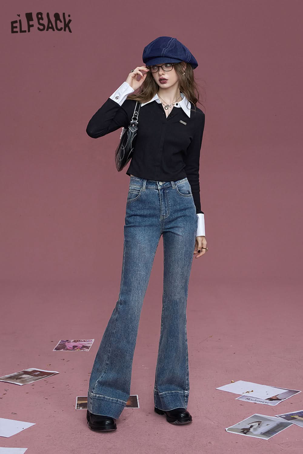 ELFSACK Denim blue patchwork design all-match natural waist flared high waist jeans