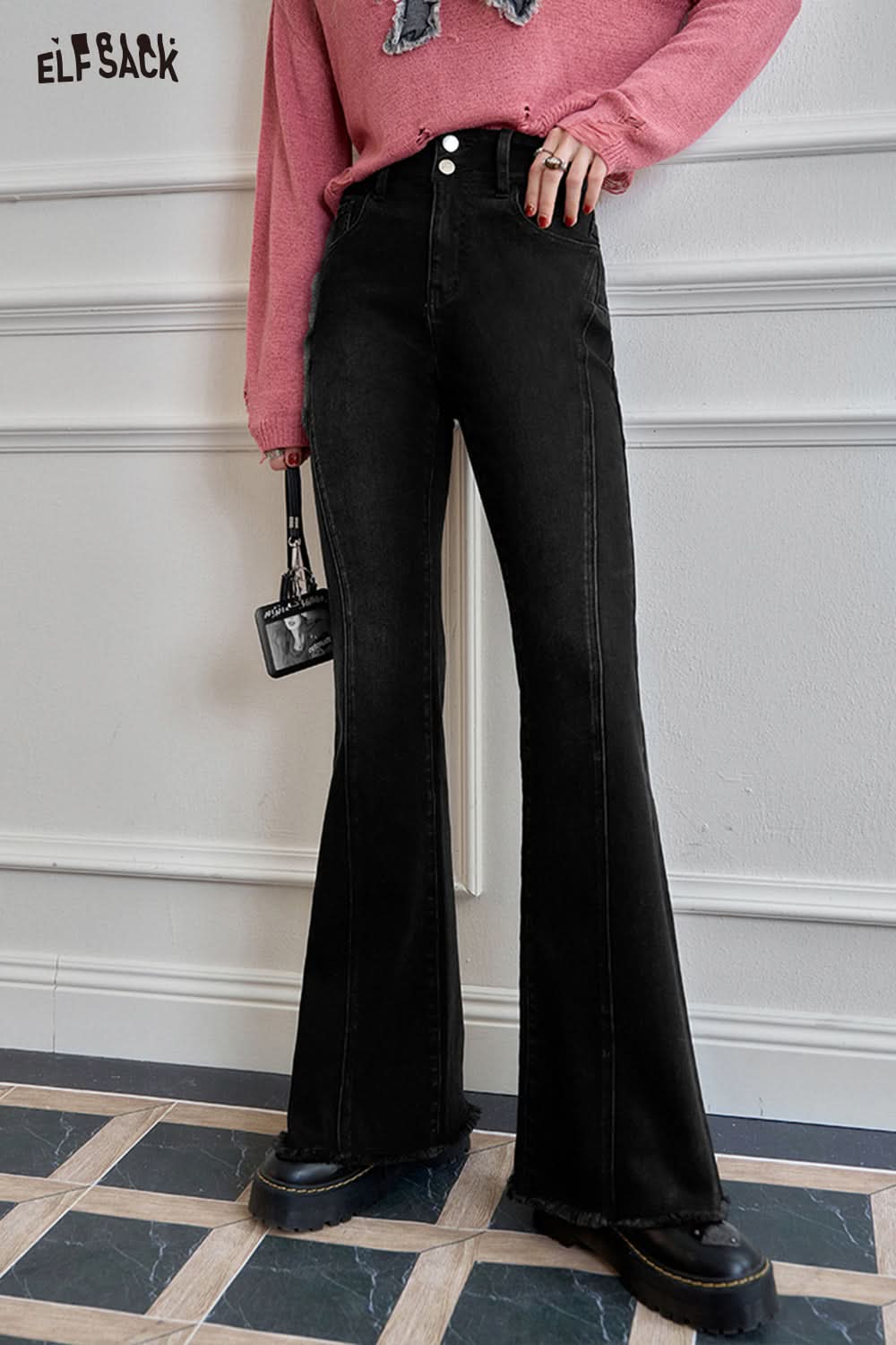 ELFSACK Black micro flared slim fit jeans, versatile and fashionable flared pants