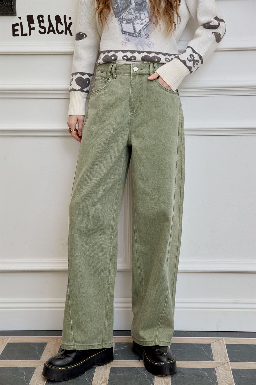 ELFSACK Loose straight jeans, casual and versatile wide-leg pants