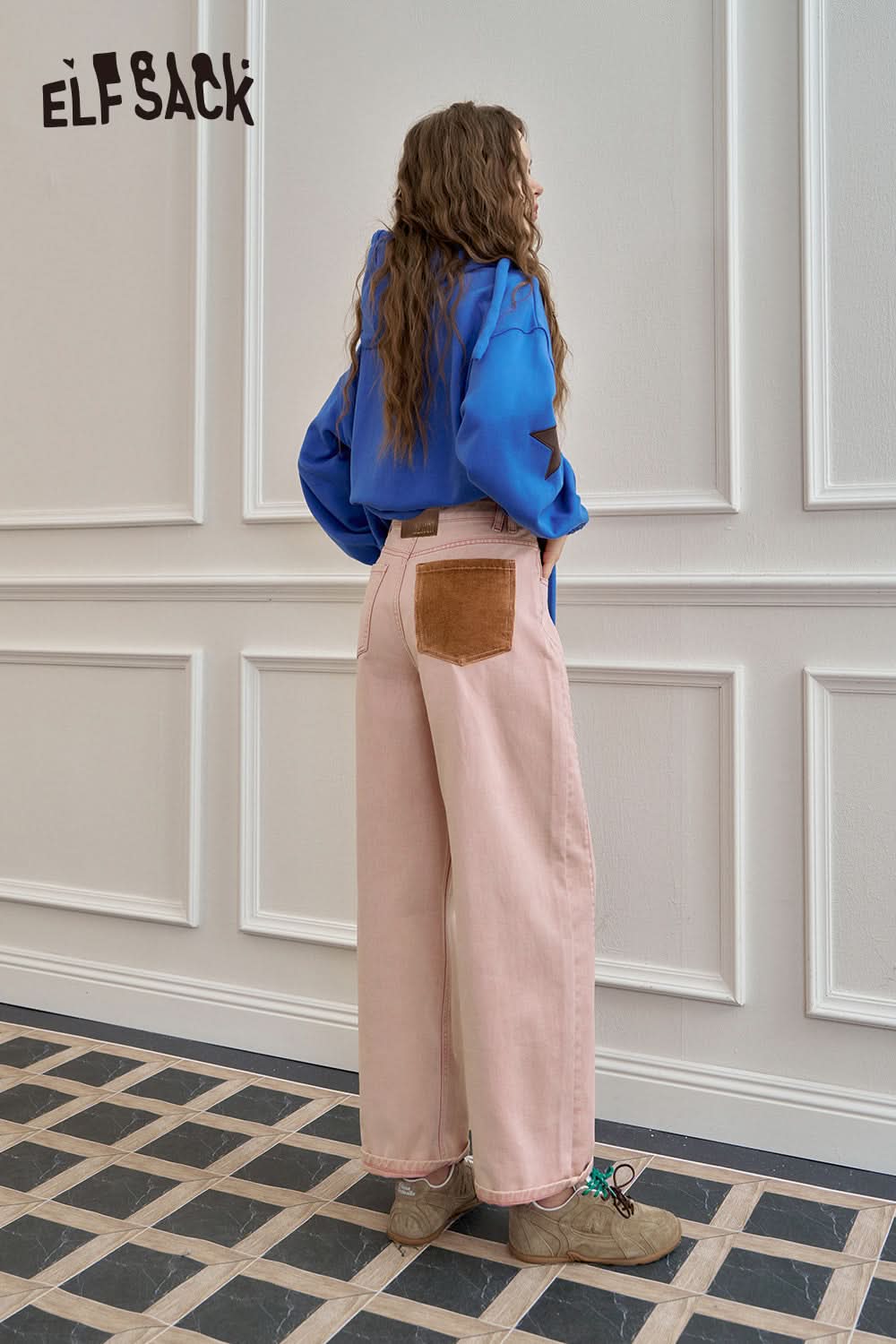 ELFSACK Loose straight jeans, casual and versatile wide-leg pants
