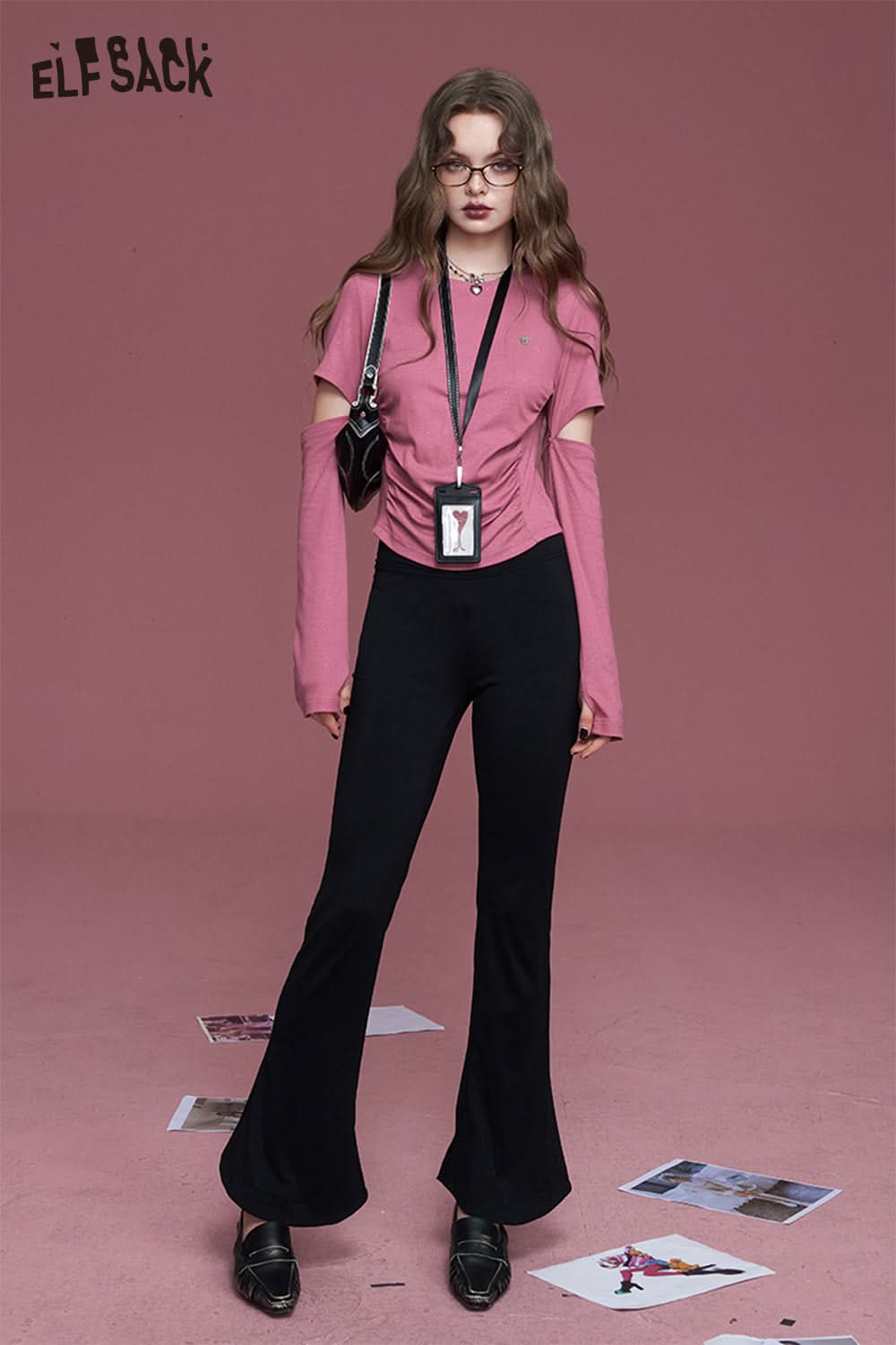 ELFSACK Lazy style black slim fit horseshoe flared high waist casual pants