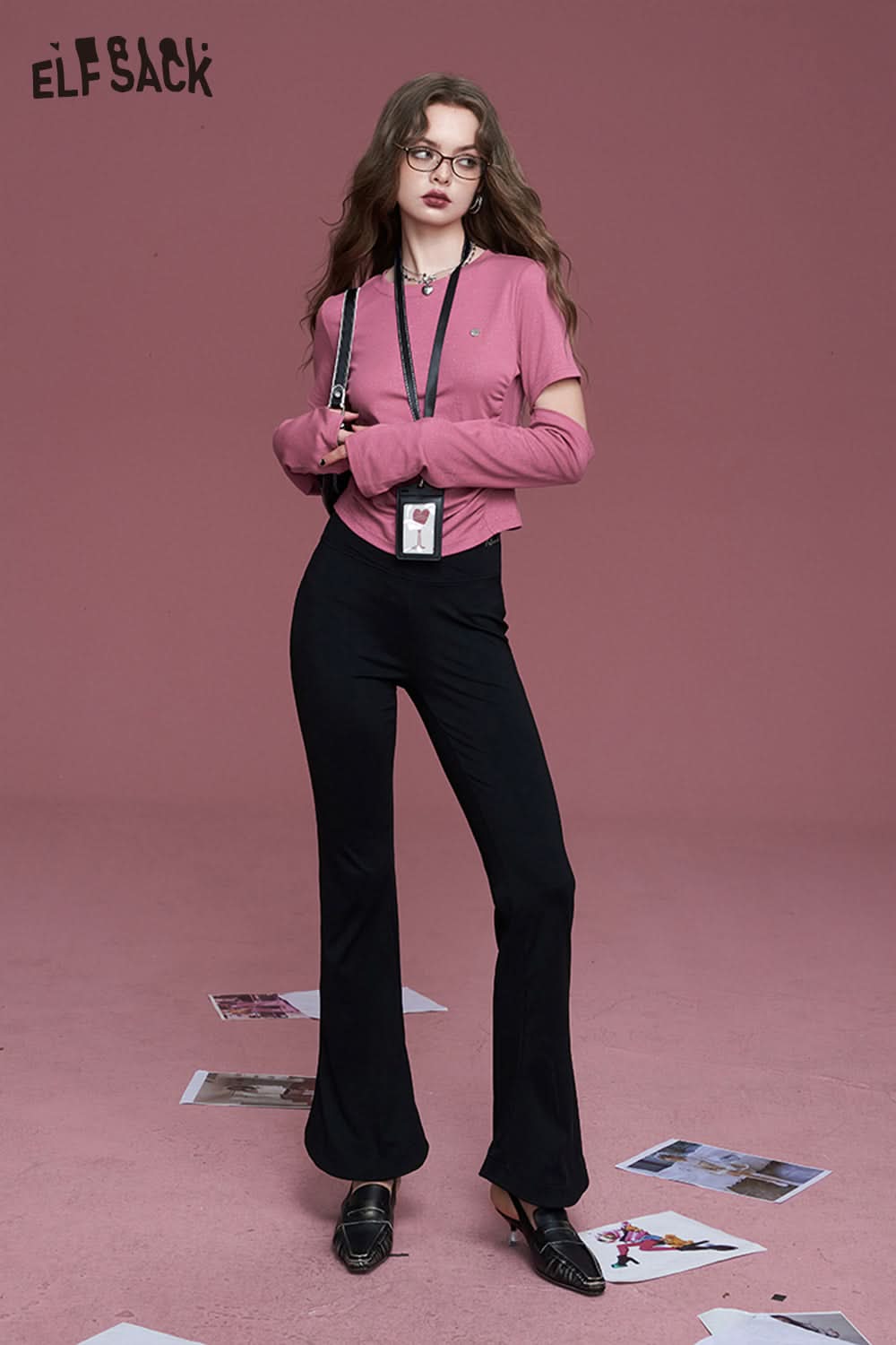 ELFSACK Lazy style black slim fit horseshoe flared high waist casual pants