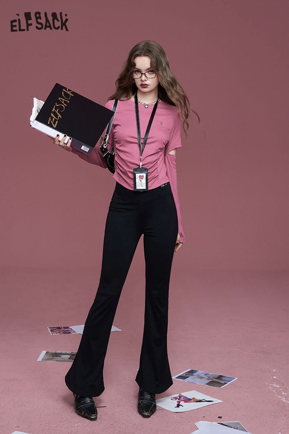 ELFSACK Lazy style black slim fit horseshoe flared high waist casual pants