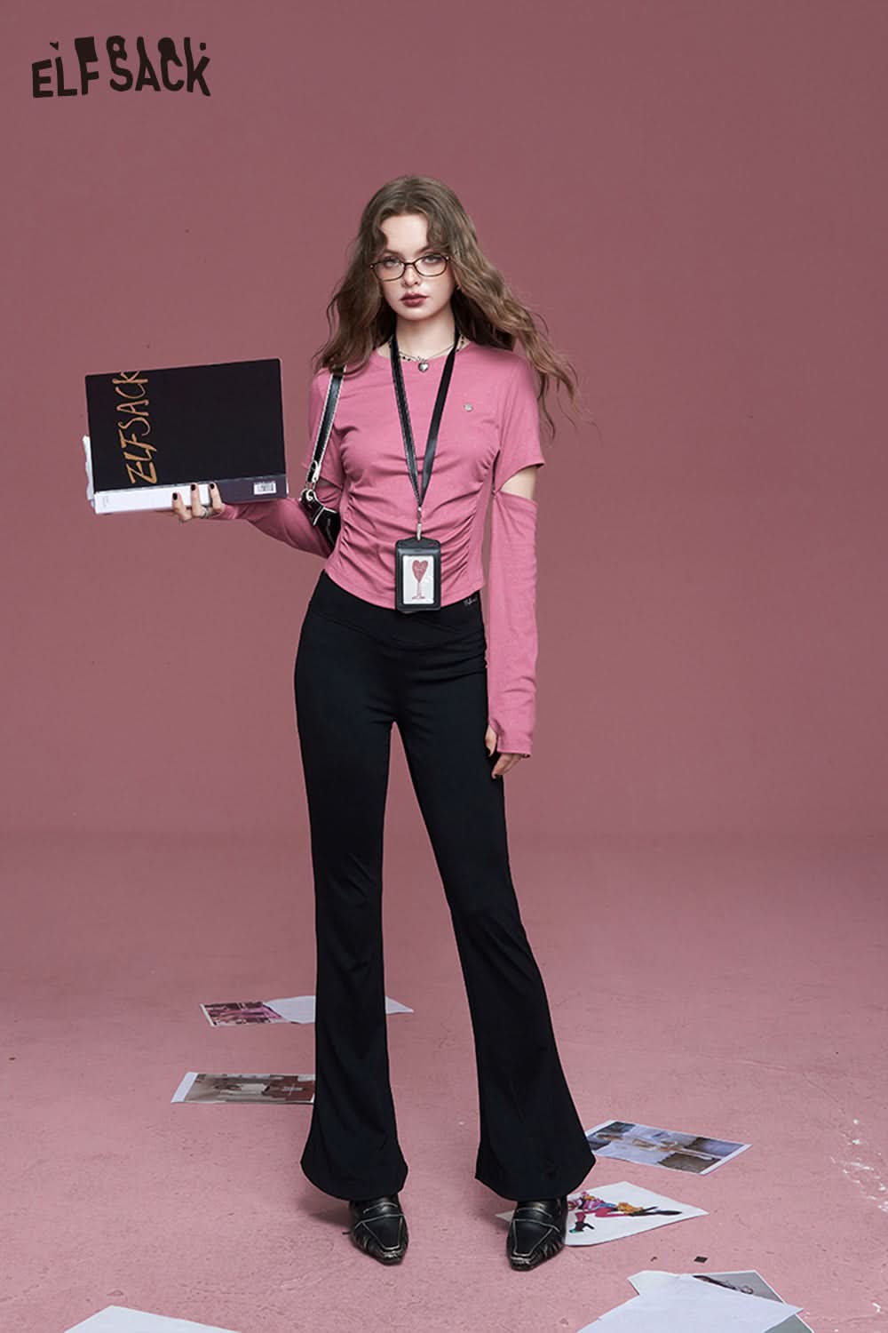 ELFSACK Lazy style black slim fit horseshoe flared high waist casual pants