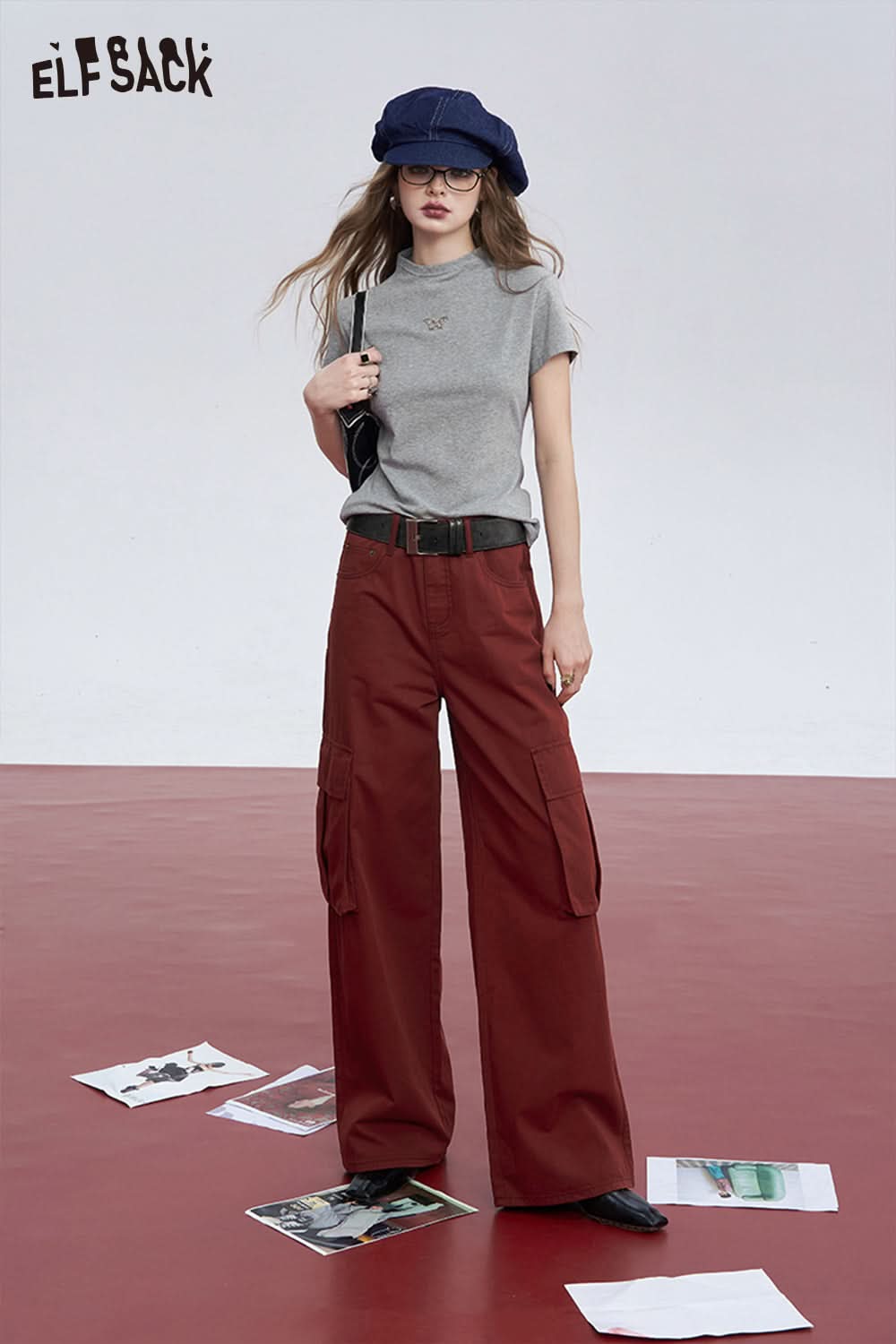 ELFSACK Commuter white pocket pure cotton loose slim straight wide leg casual pants