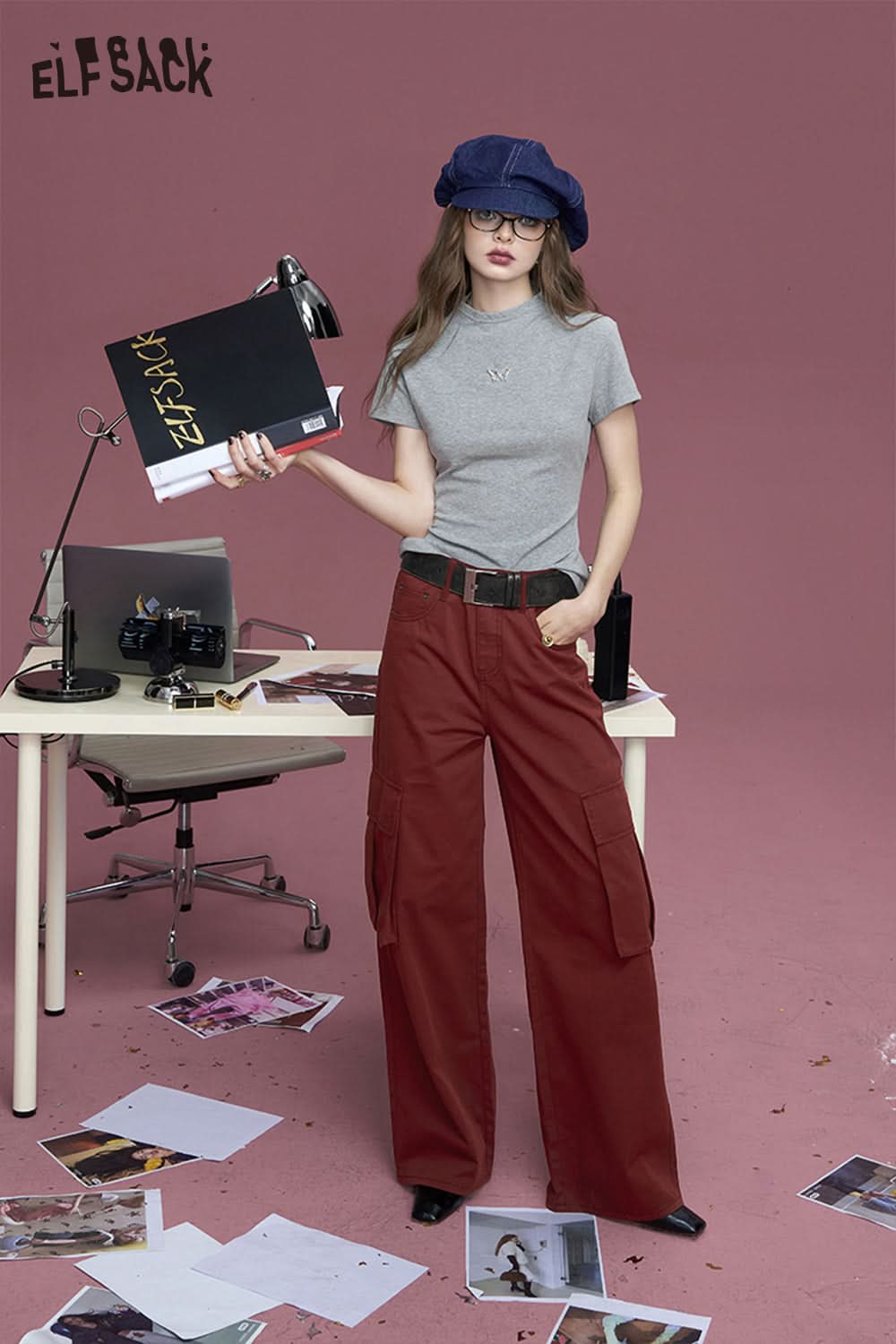 ELFSACK Commuter white pocket pure cotton loose slim straight wide leg casual pants