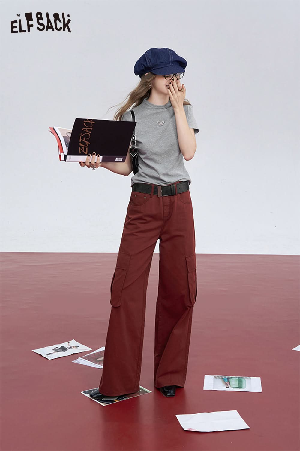 ELFSACK Commuter white pocket pure cotton loose slim straight wide leg casual pants