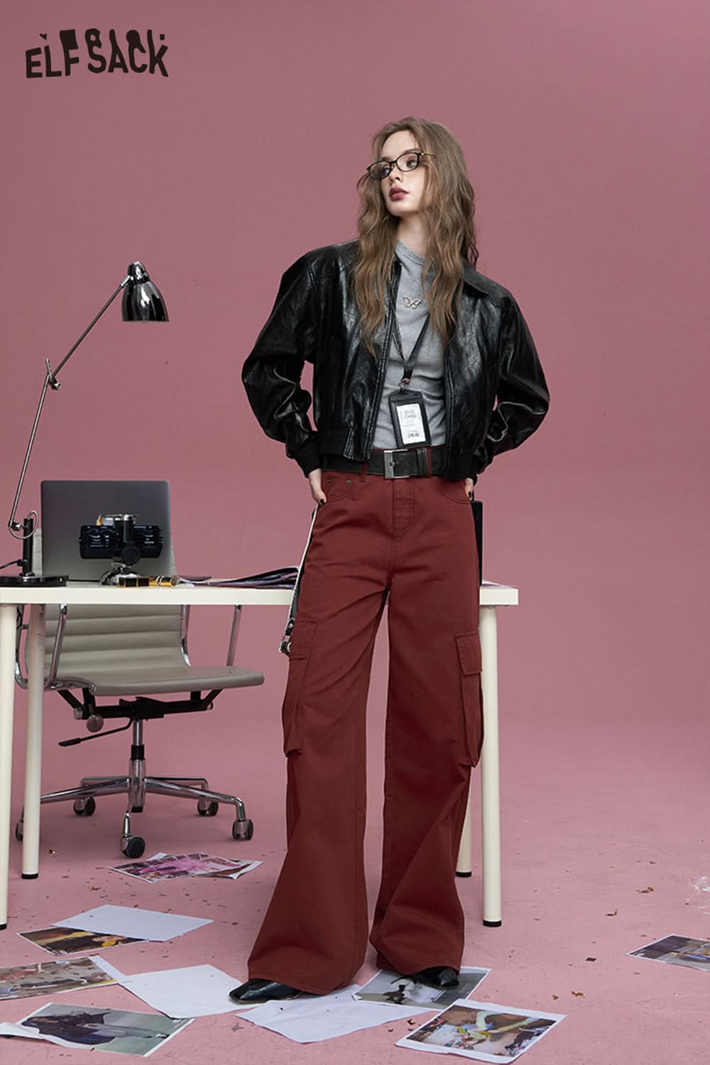 ELFSACK Commuter white pocket pure cotton loose slim straight wide leg casual pants