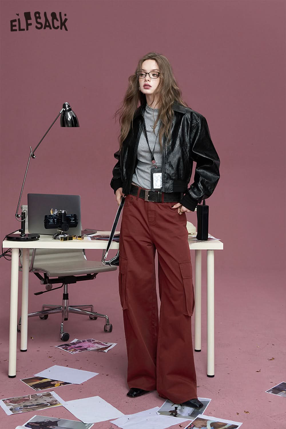 ELFSACK Commuter white pocket pure cotton loose slim straight wide leg casual pants