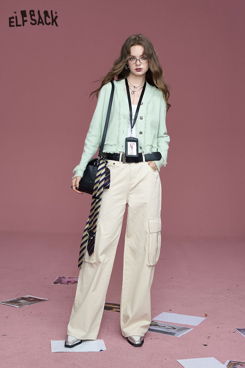 ELFSACK Commuter white pocket pure cotton loose slim straight wide leg casual pants