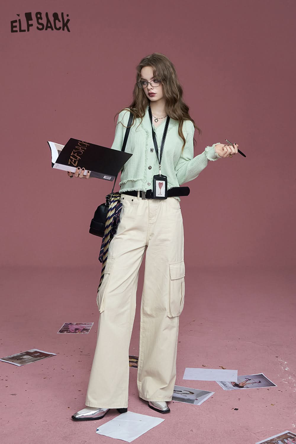 ELFSACK Commuter white pocket pure cotton loose slim straight wide leg casual pants