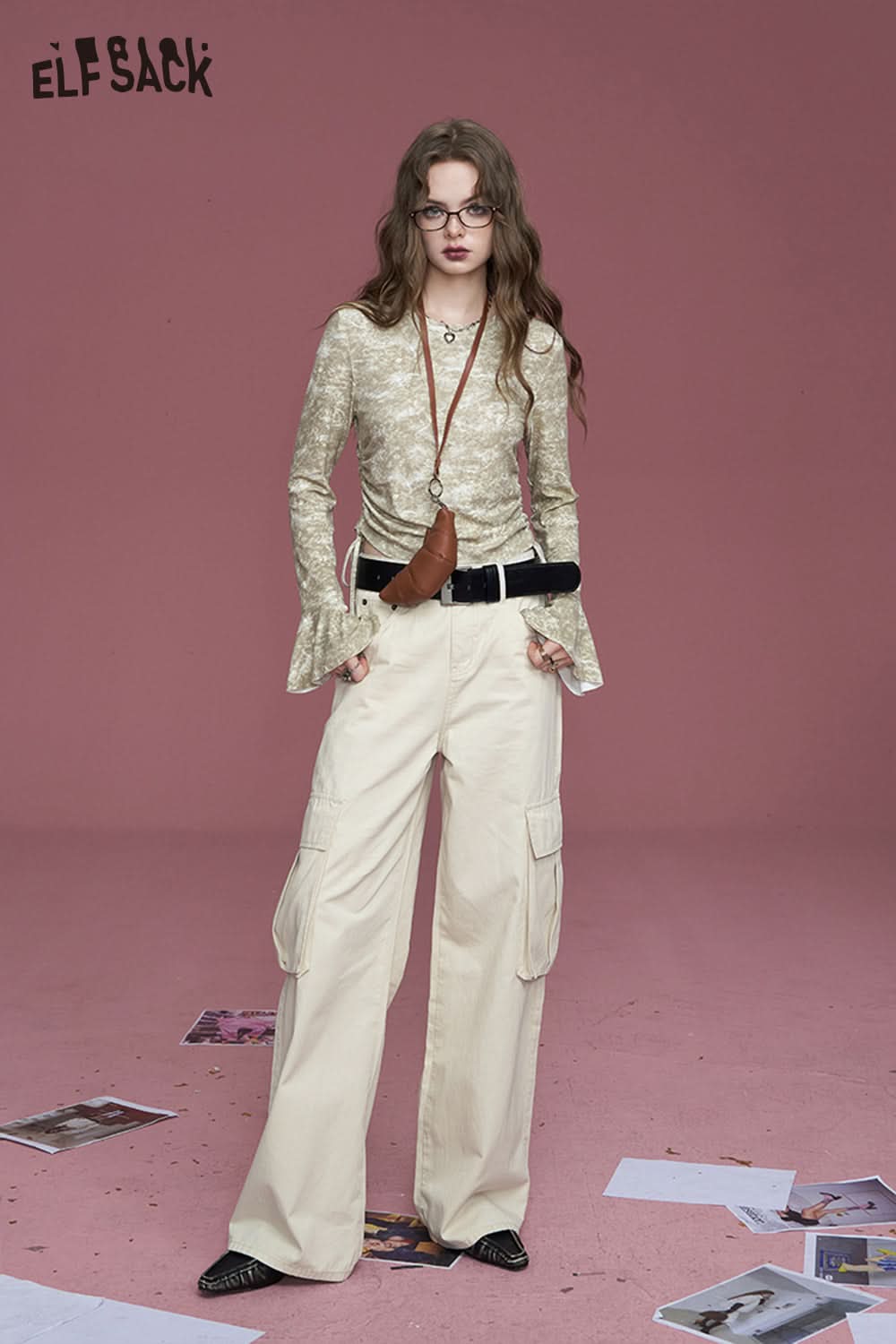 ELFSACK Commuter white pocket pure cotton loose slim straight wide leg casual pants