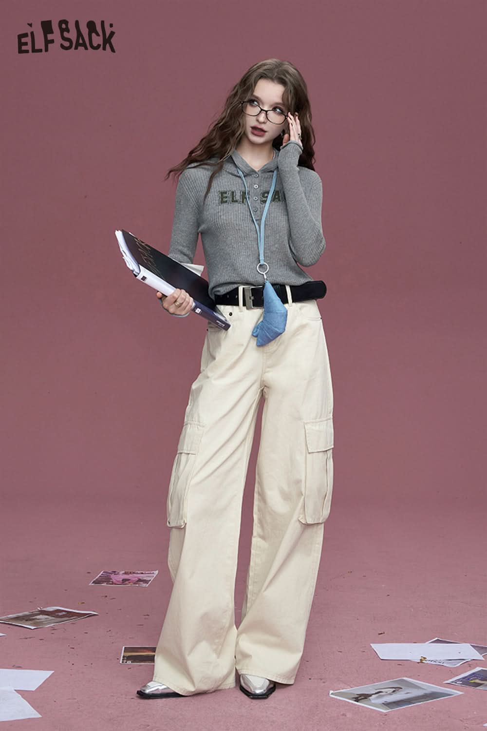 ELFSACK Commuter white pocket pure cotton loose slim straight wide leg casual pants