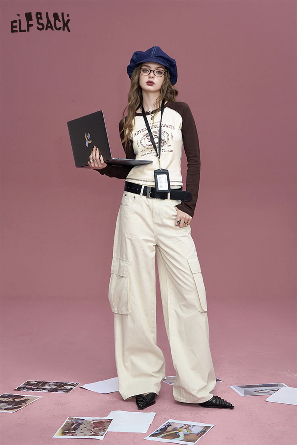 ELFSACK Commuter white pocket pure cotton loose slim straight wide leg casual pants