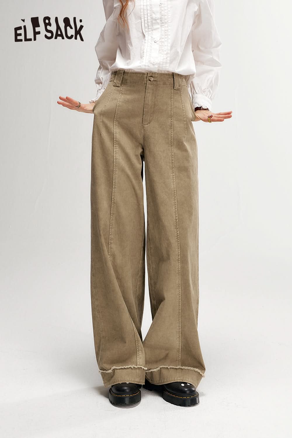 ELFSACK Wasteland Style Khaki Wide Leg Casual Pants Loose Slim Fit