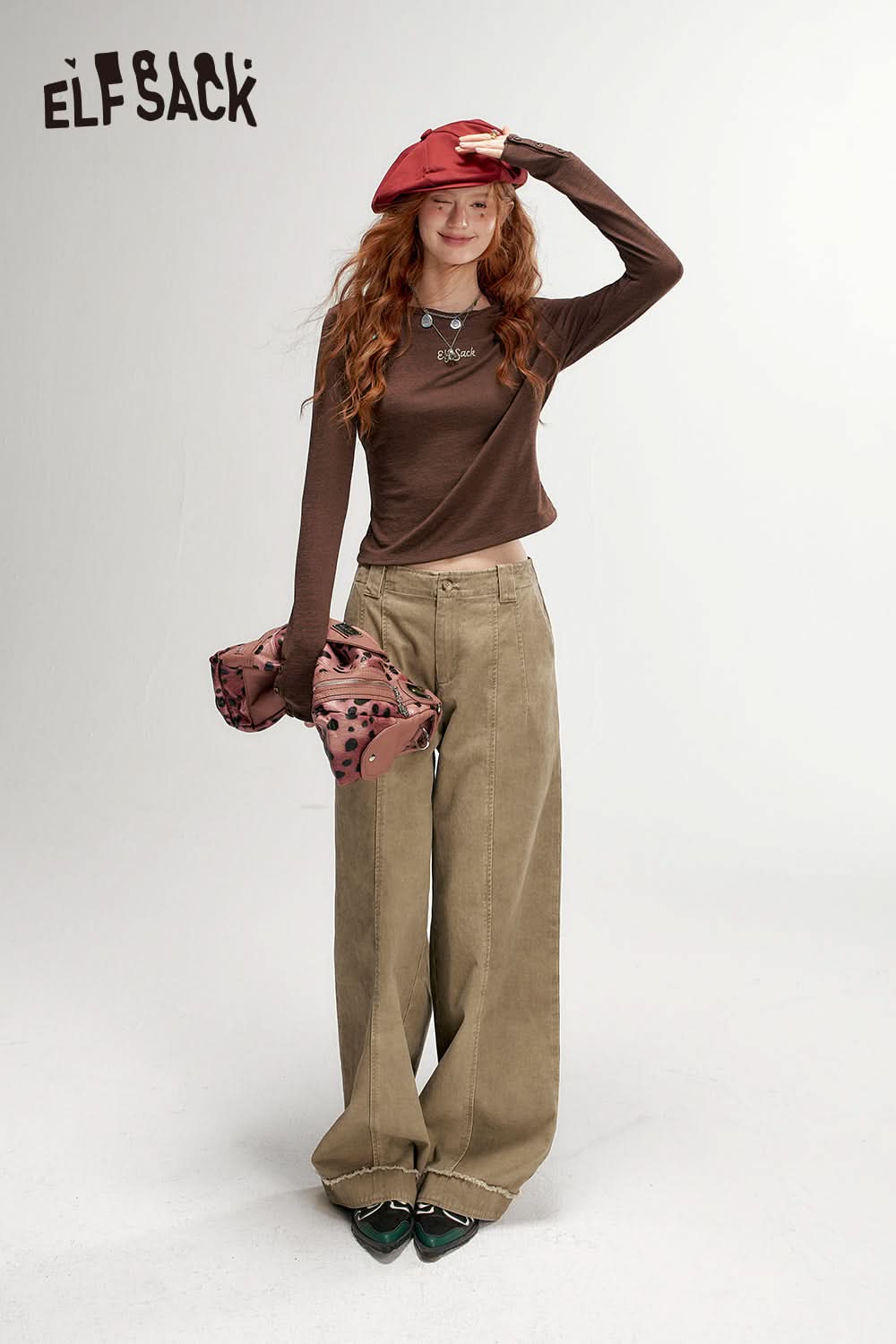 ELFSACK Wasteland Style Khaki Wide Leg Casual Pants Loose Slim Fit