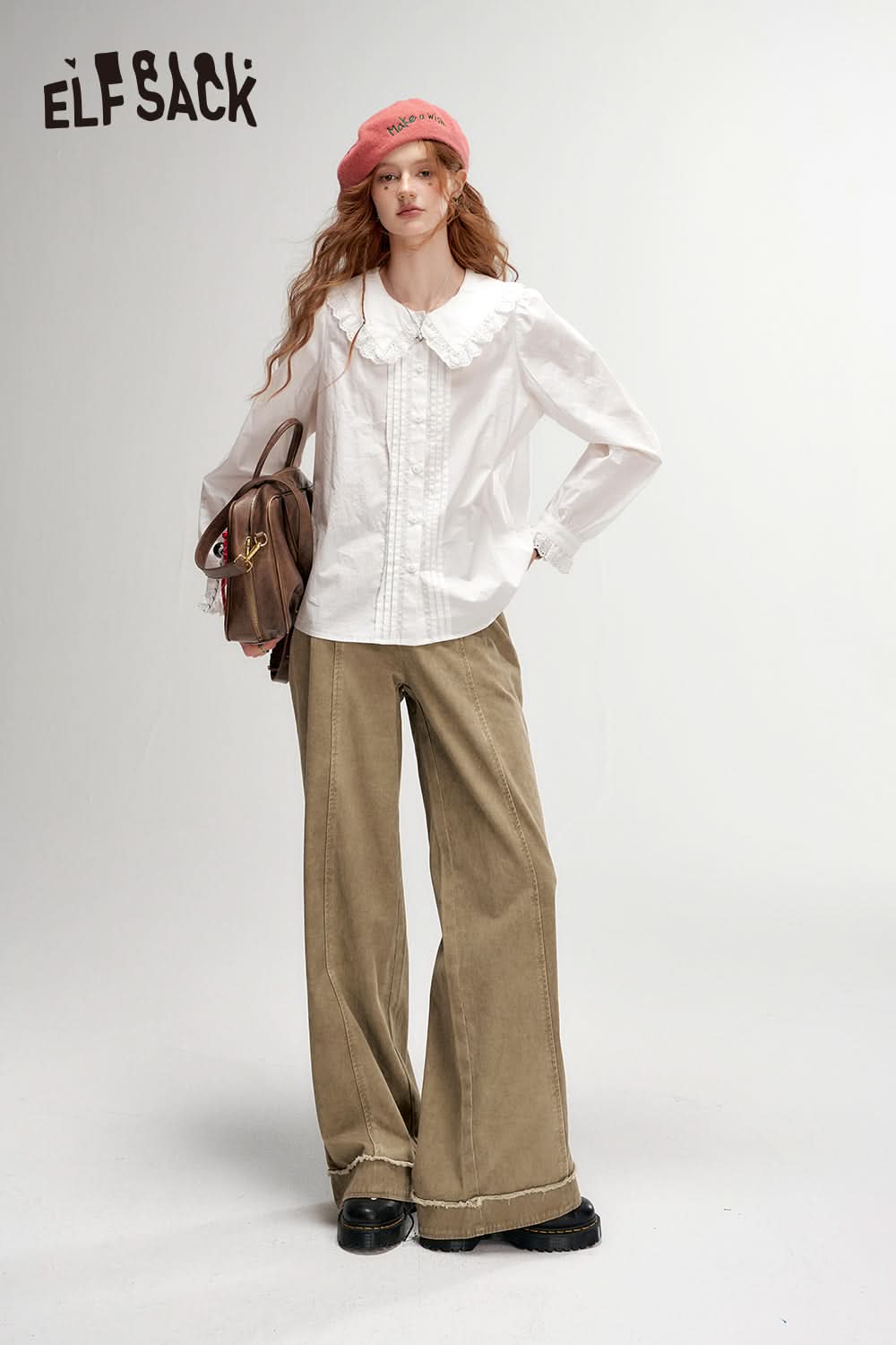 ELFSACK Wasteland Style Khaki Wide Leg Casual Pants Loose Slim Fit