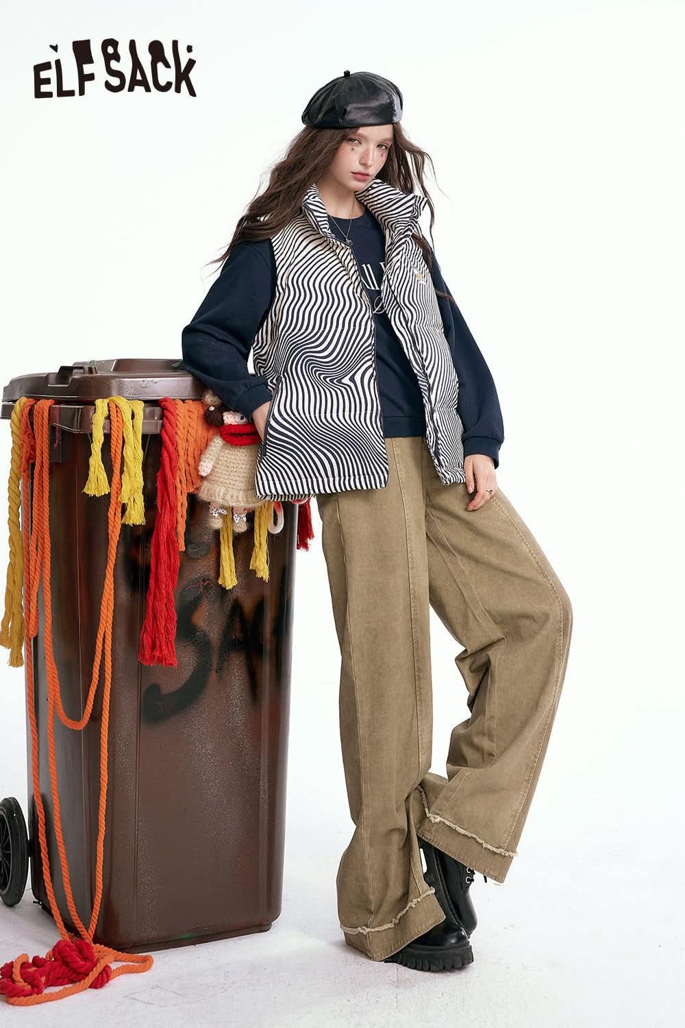 ELFSACK Wasteland Style Khaki Wide Leg Casual Pants Loose Slim Fit