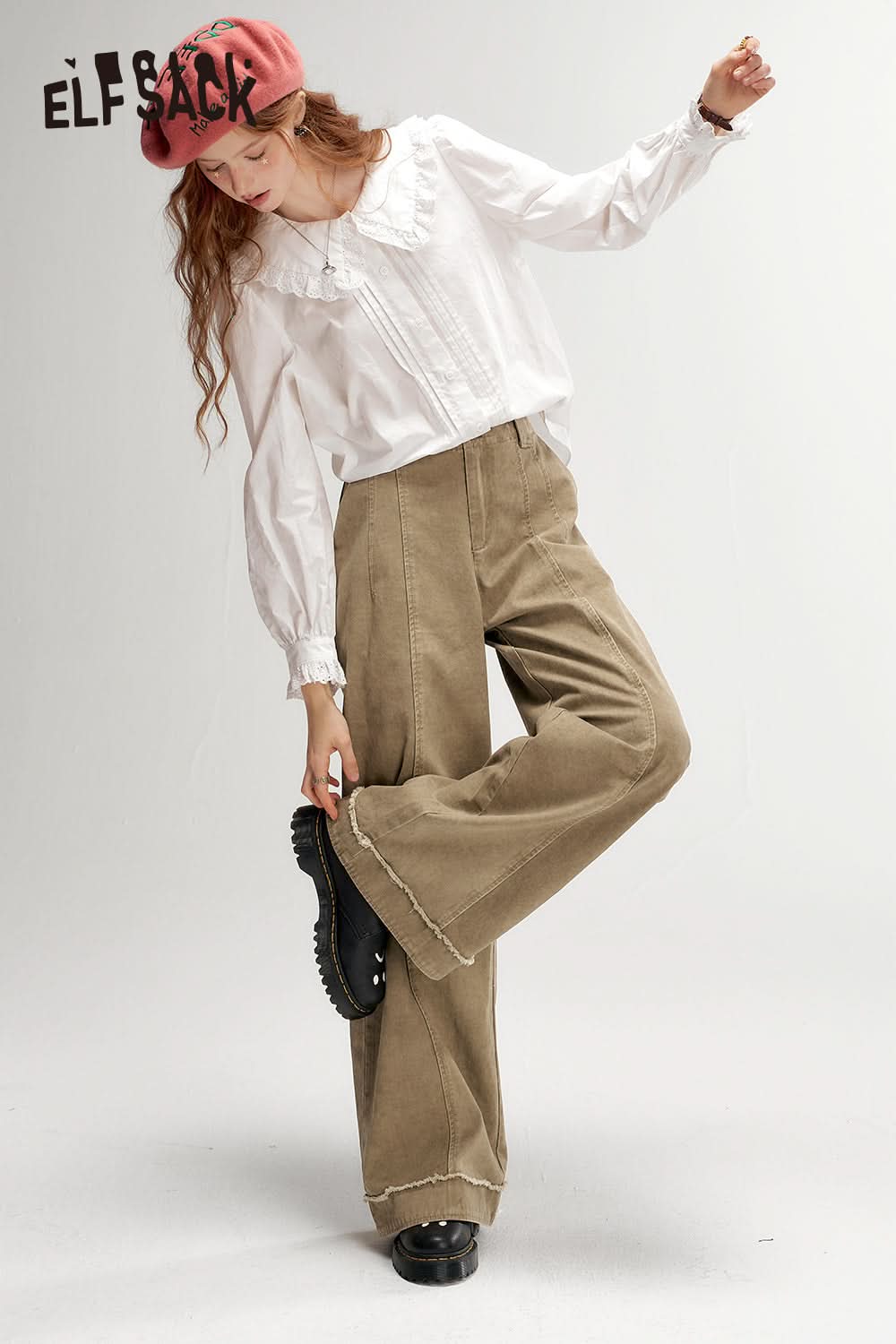 ELFSACK Wasteland Style Khaki Wide Leg Casual Pants Loose Slim Fit