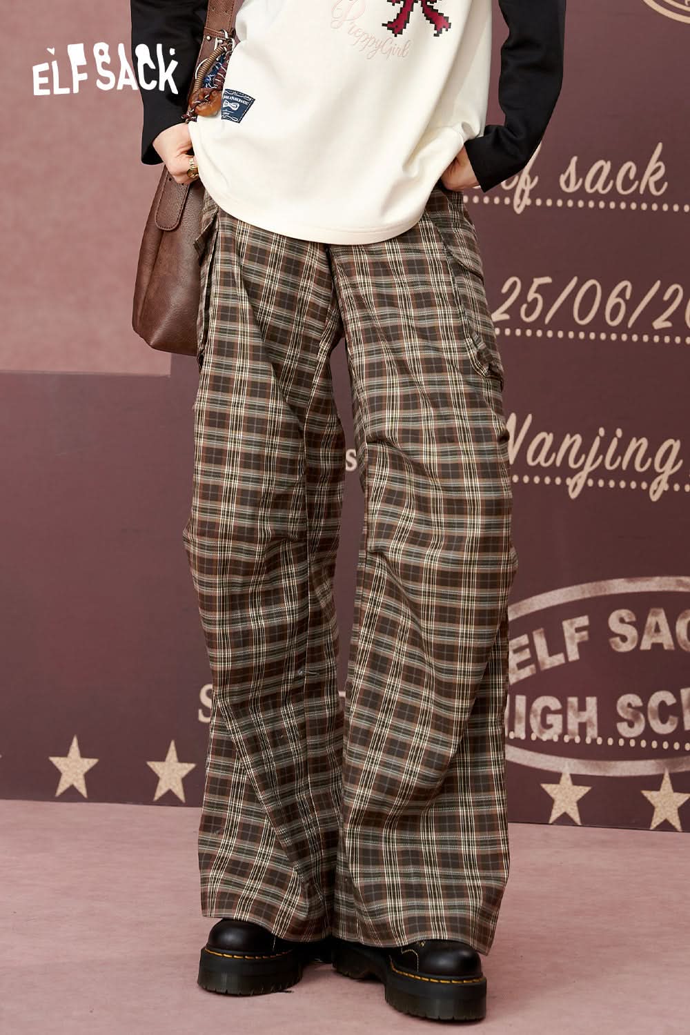ELFSACK Retro plaid wide-leg casual pants, loose and slim pants