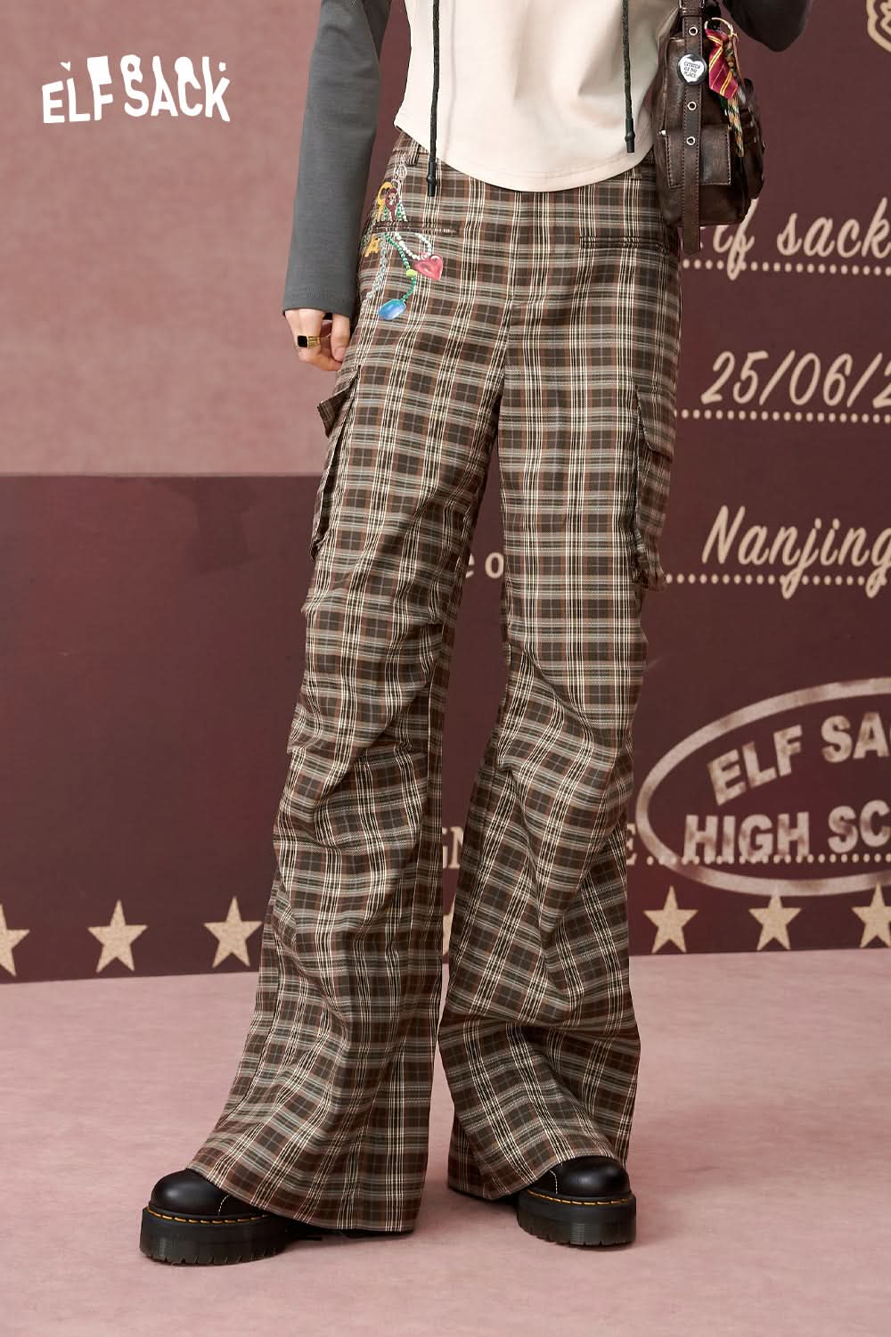 ELFSACK Retro plaid wide-leg casual pants, loose and slim pants