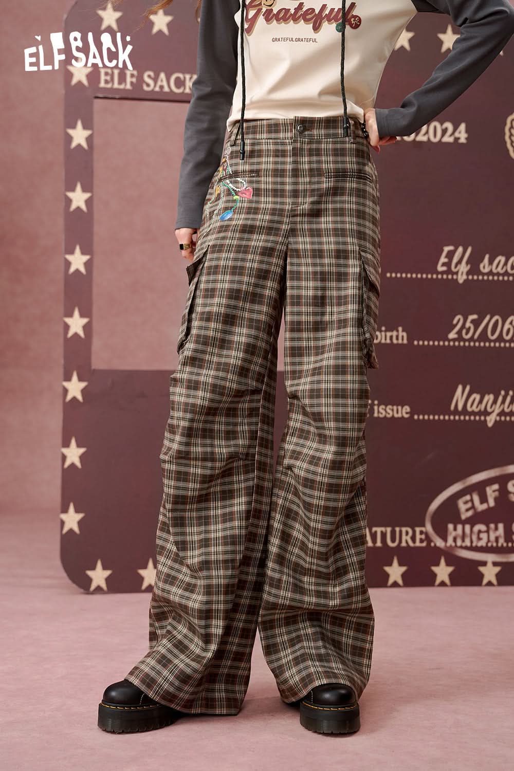 ELFSACK Retro plaid wide-leg casual pants, loose and slim pants