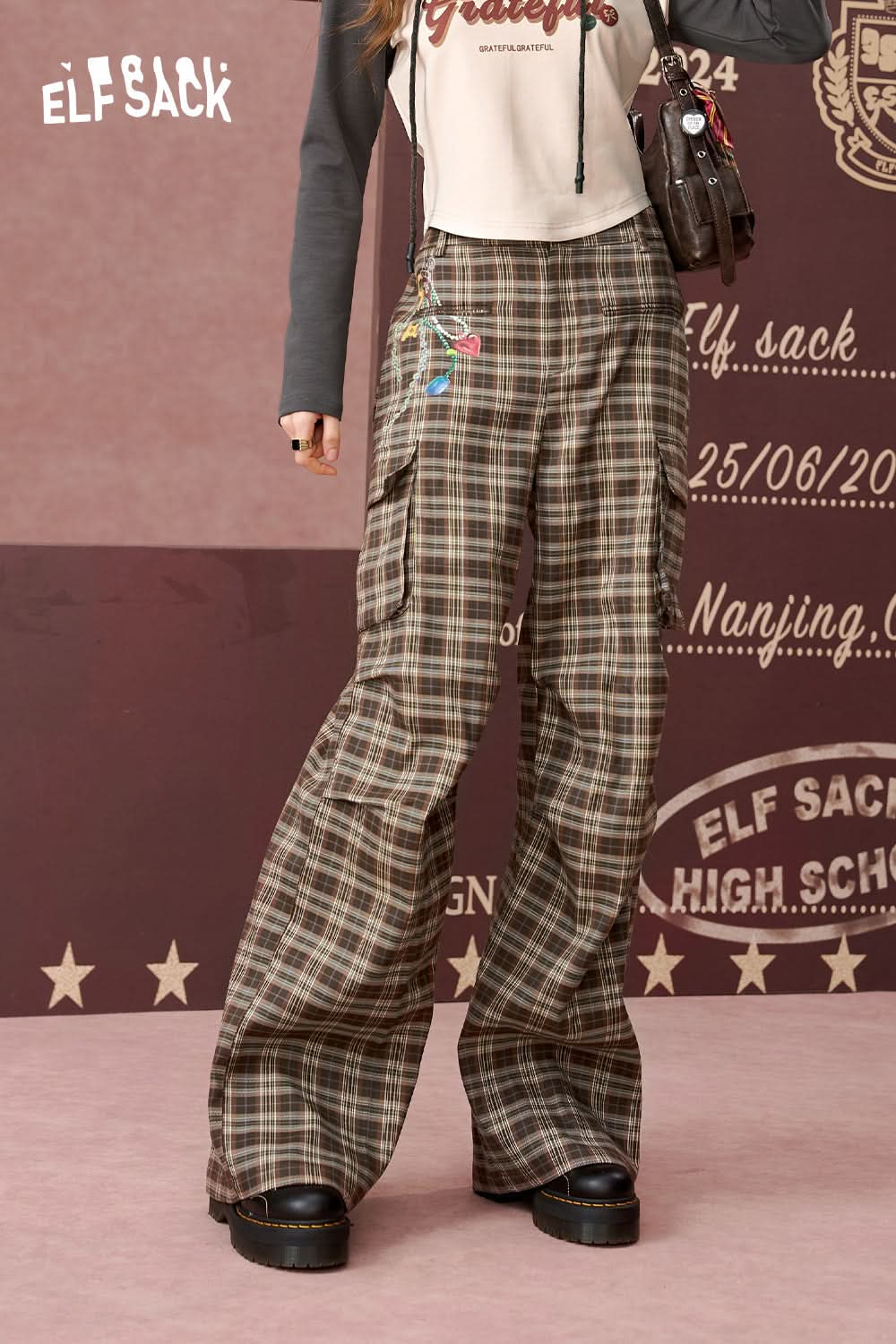 ELFSACK Retro plaid wide-leg casual pants, loose and slim pants