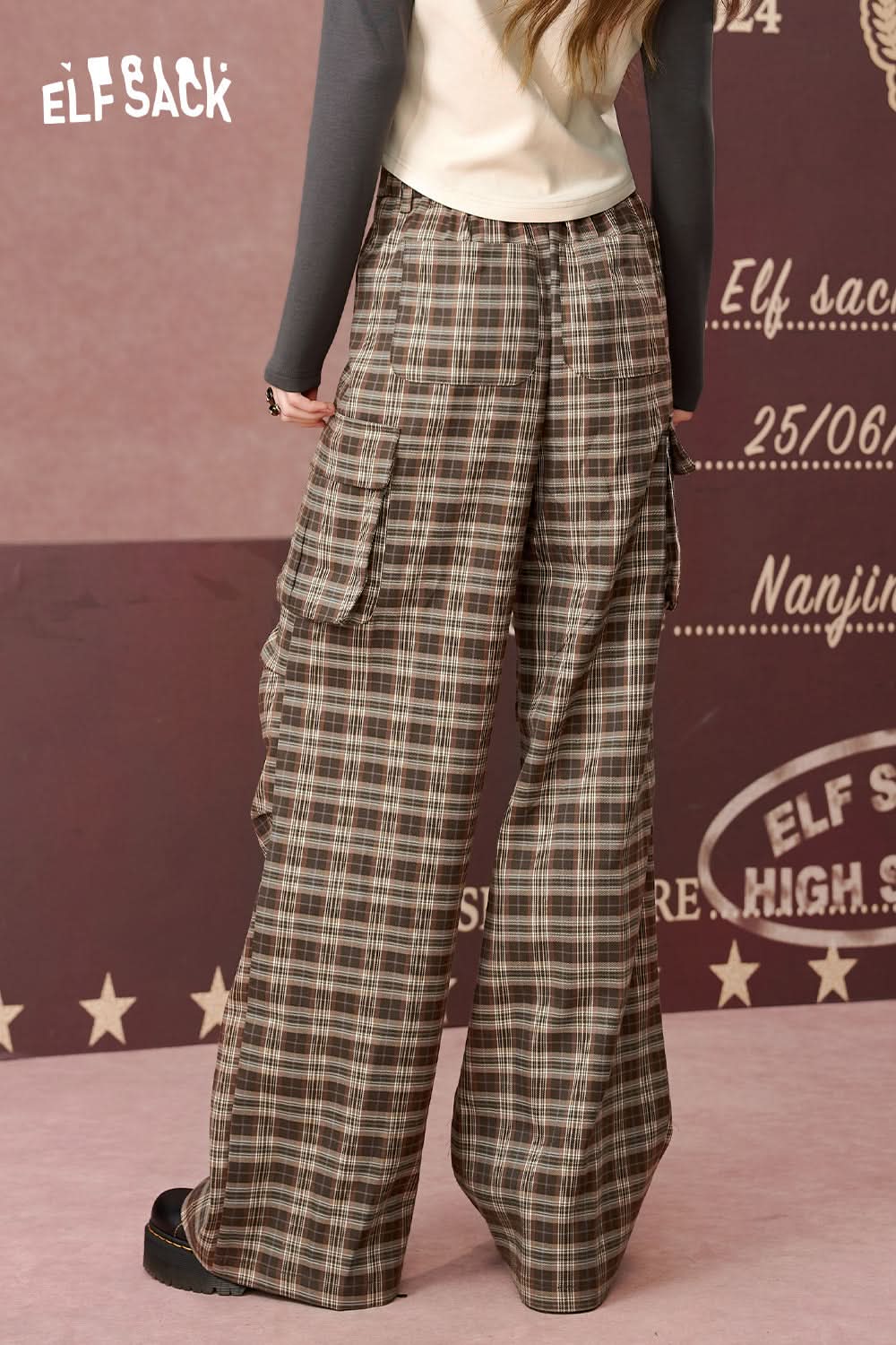 ELFSACK Retro plaid wide-leg casual pants, loose and slim pants