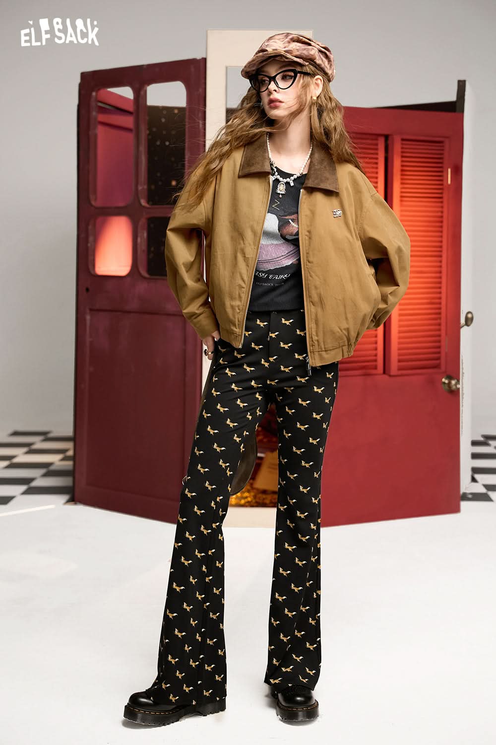 ELFSACK Commuter style fox black high waist casual slim fit full print flared pants