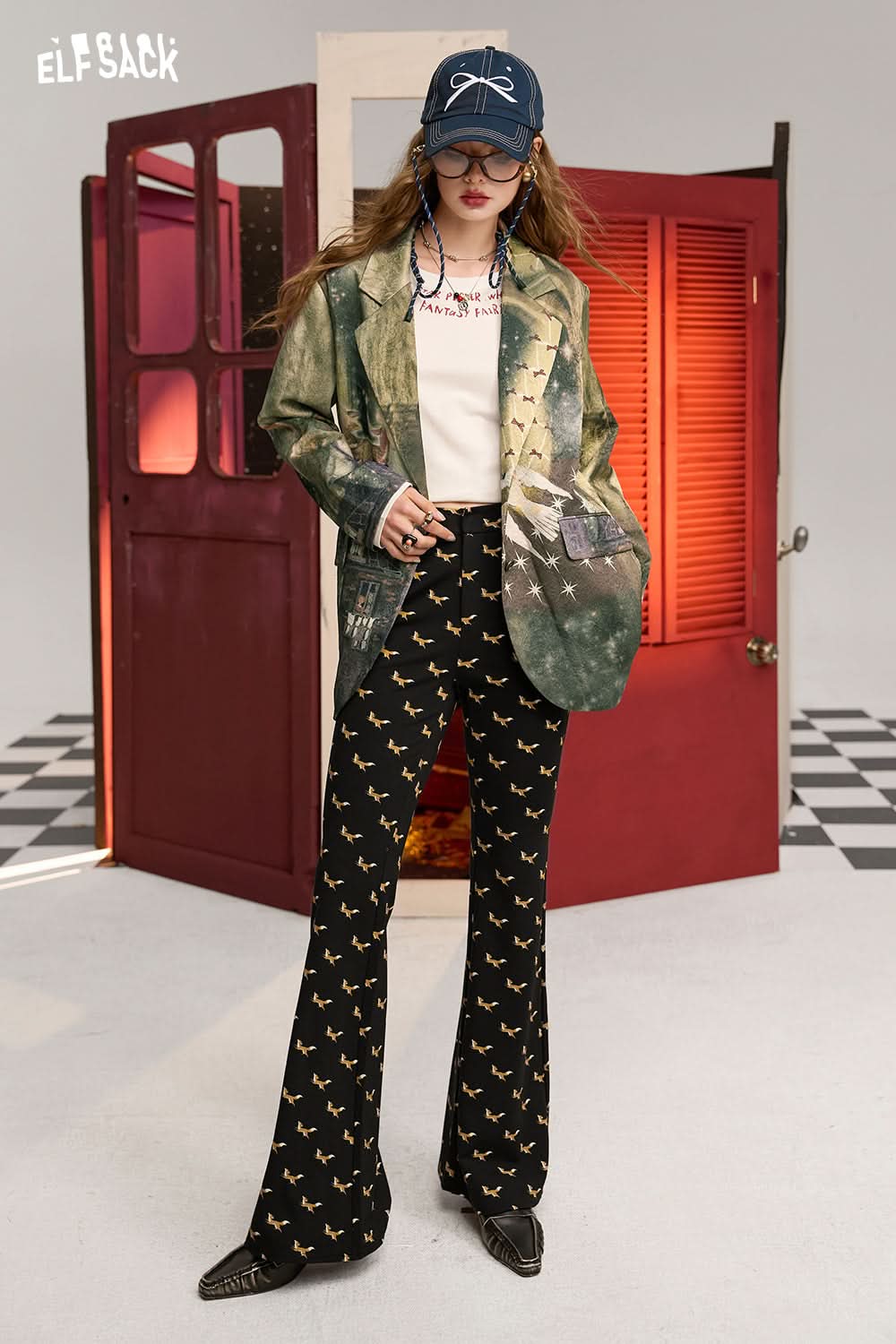 ELFSACK Commuter style fox black high waist casual slim fit full print flared pants