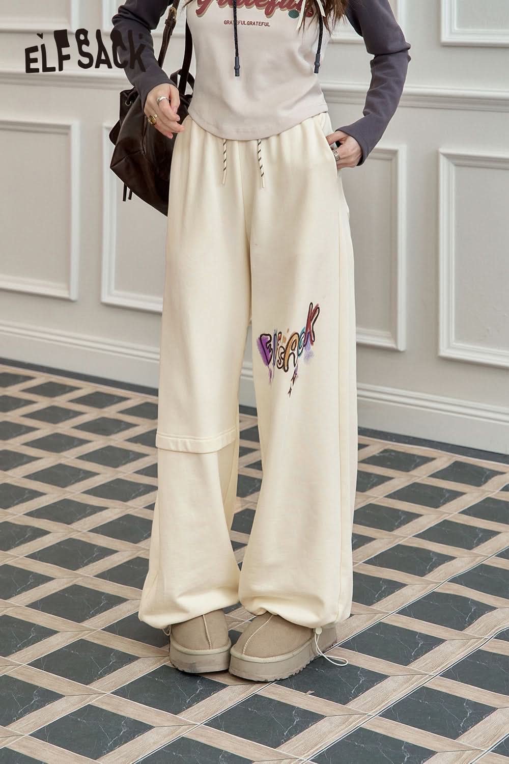 ELFSACK Printed Casual Sports Sweatpants Loose Wide Leg Relaxed Fit