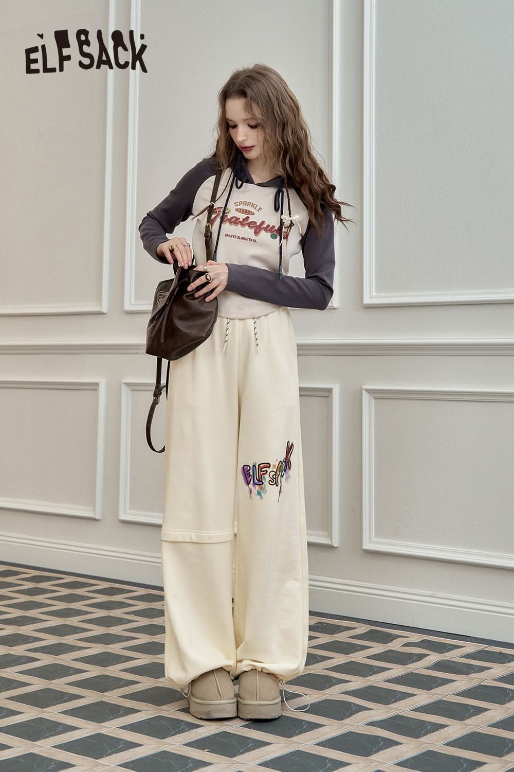 ELFSACK Printed Casual Sports Sweatpants Loose Wide Leg Relaxed Fit