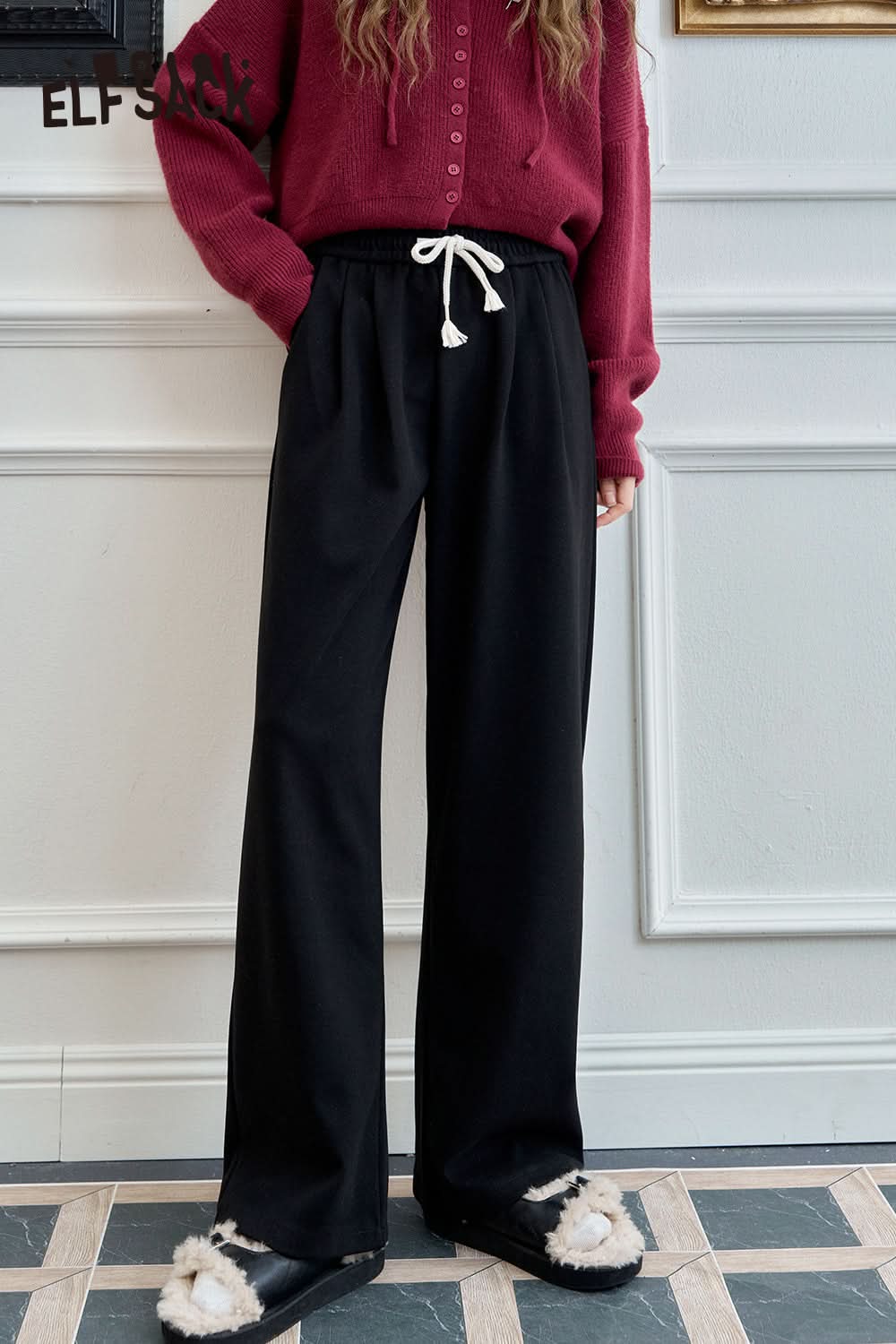 ELFSACK Women's loose retro red straight casual pants