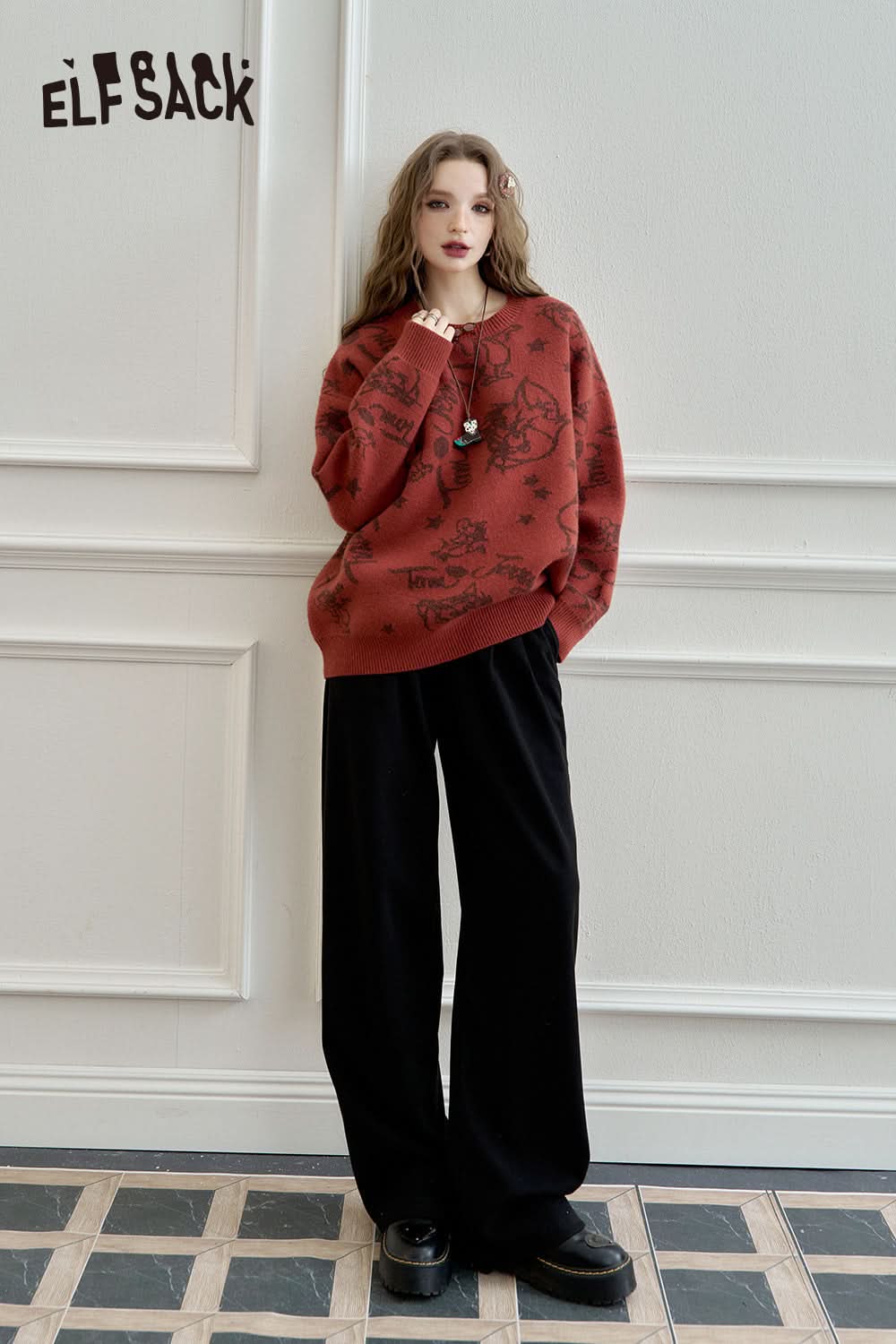 ELFSACK Women's loose retro red straight casual pants
