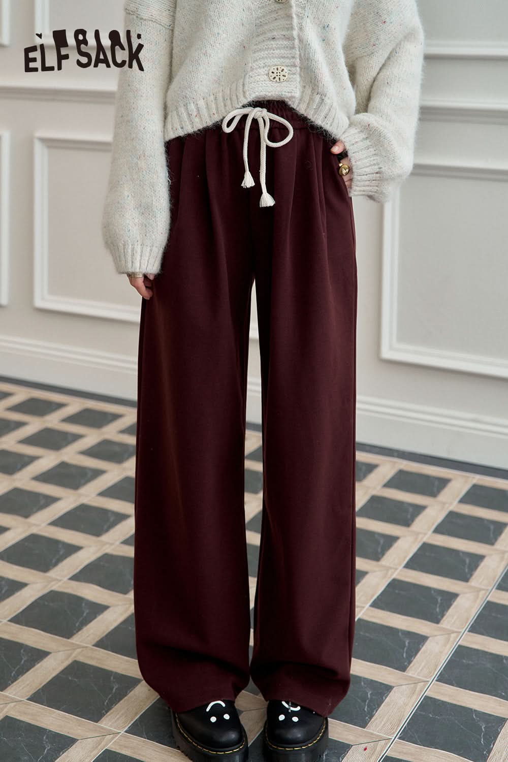 ELFSACK Women's loose retro red straight casual pants
