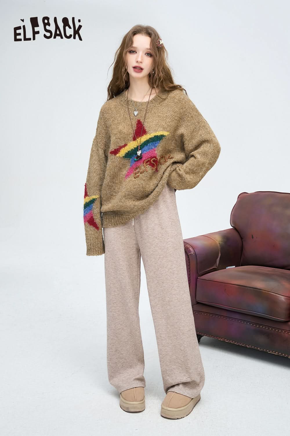 ELFSACK Relaxed straight casual sweatpants, drapey wide-leg loose long pants