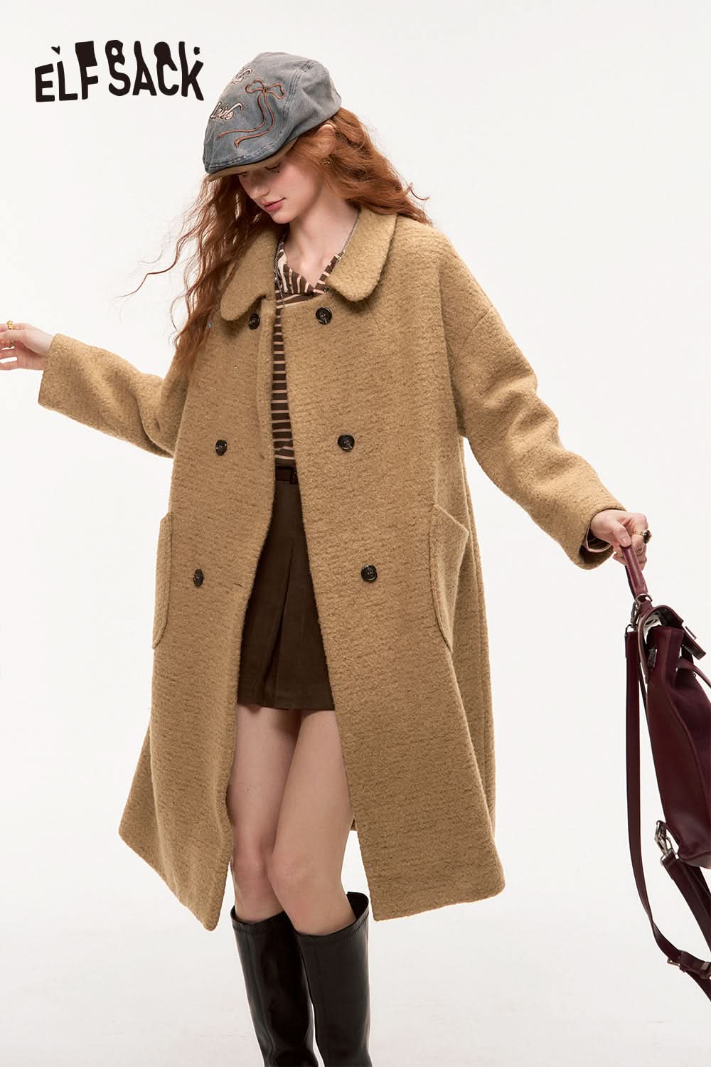 ELFSACK Winter Lurex Retro Woolen Coat Sweet Mid-Length Pink Overcoat