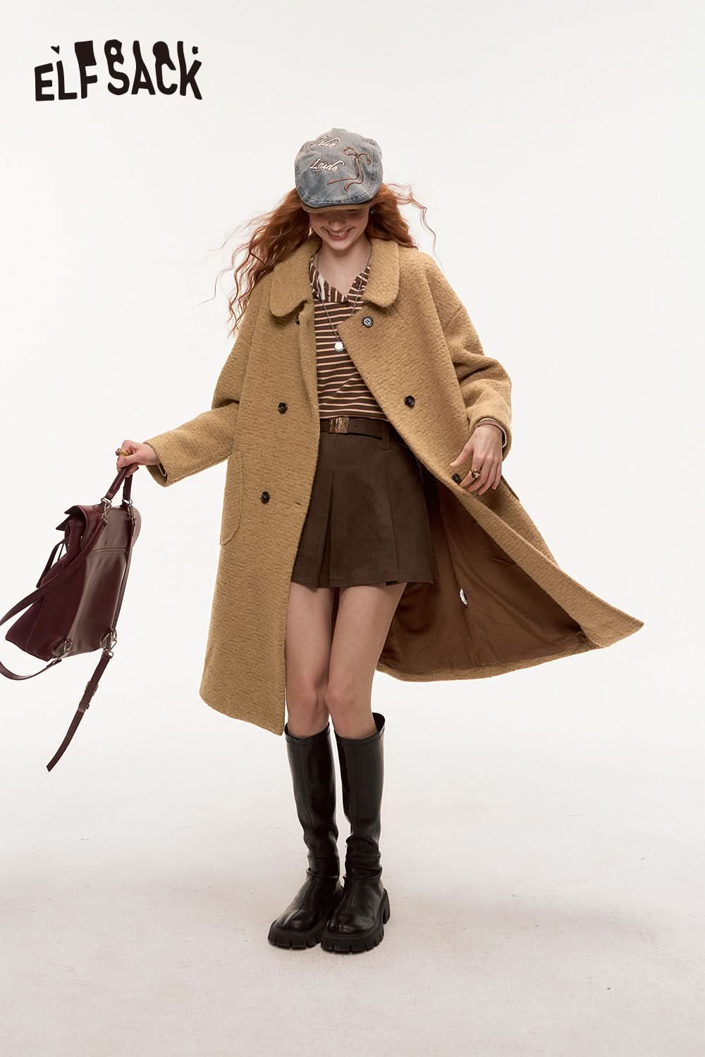 ELFSACK Winter Lurex Retro Woolen Coat Sweet Mid-Length Pink Overcoat
