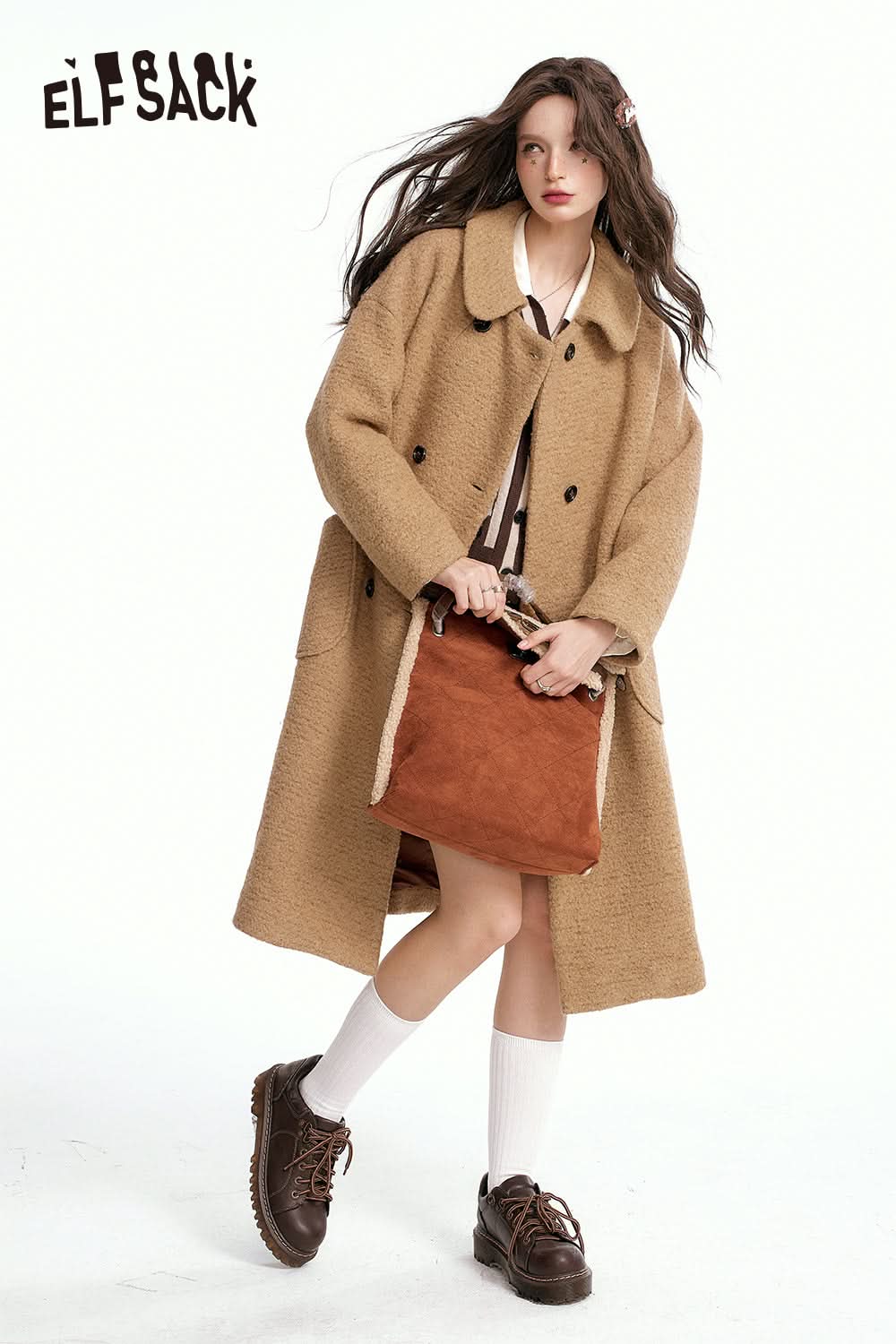 ELFSACK Winter Lurex Retro Woolen Coat Sweet Mid-Length Pink Overcoat