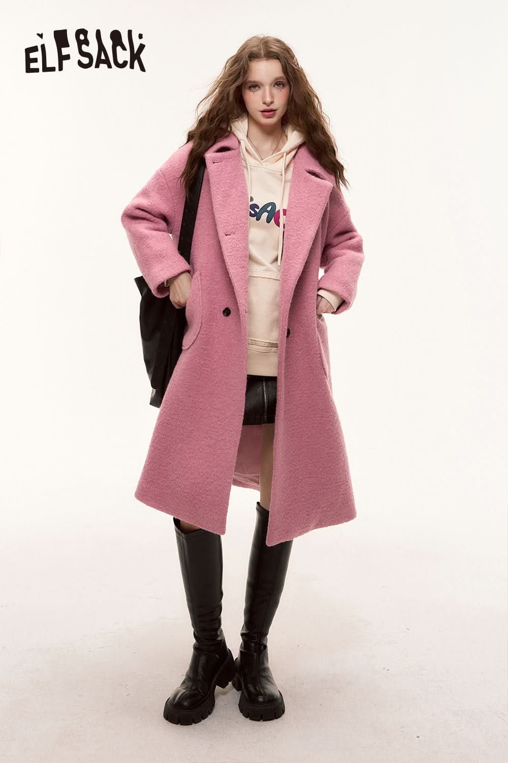 ELFSACK Winter Lurex Retro Woolen Coat Sweet Mid-Length Pink Overcoat