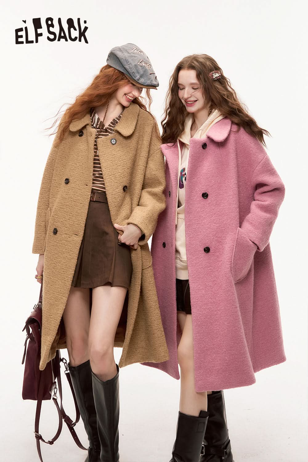 ELFSACK Winter Lurex Retro Woolen Coat Sweet Mid-Length Pink Overcoat